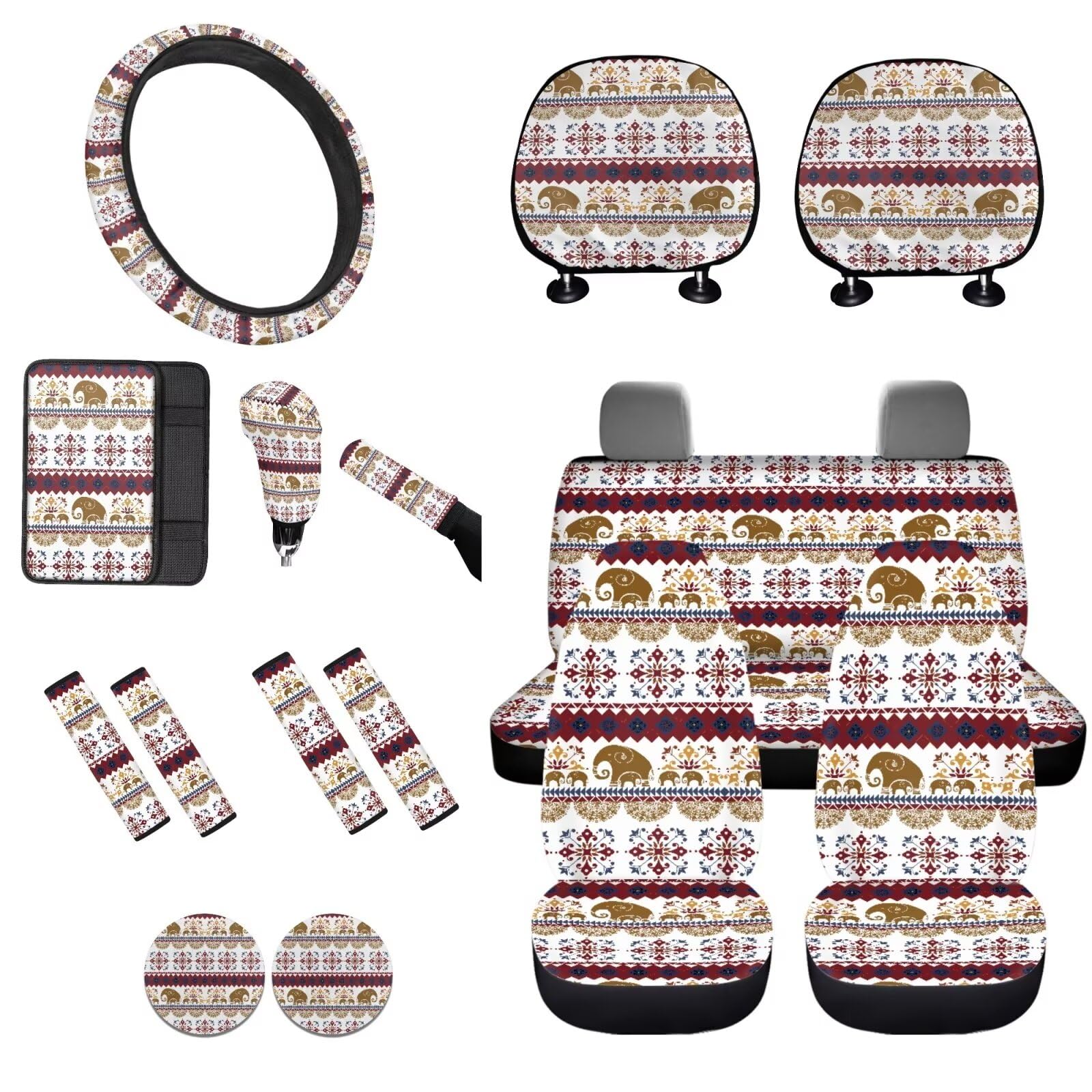 STUOARTE Aztec Tribal bedruckter Autositzbezug, komplettes Set, 16-teilig, inklusive Vordersitzbezug und Rücksitzbezug, Lenkradbezug, Sicherheitsgurtpolster, Armlehnenbezug, Schaltknaufbezug, von STUOARTE