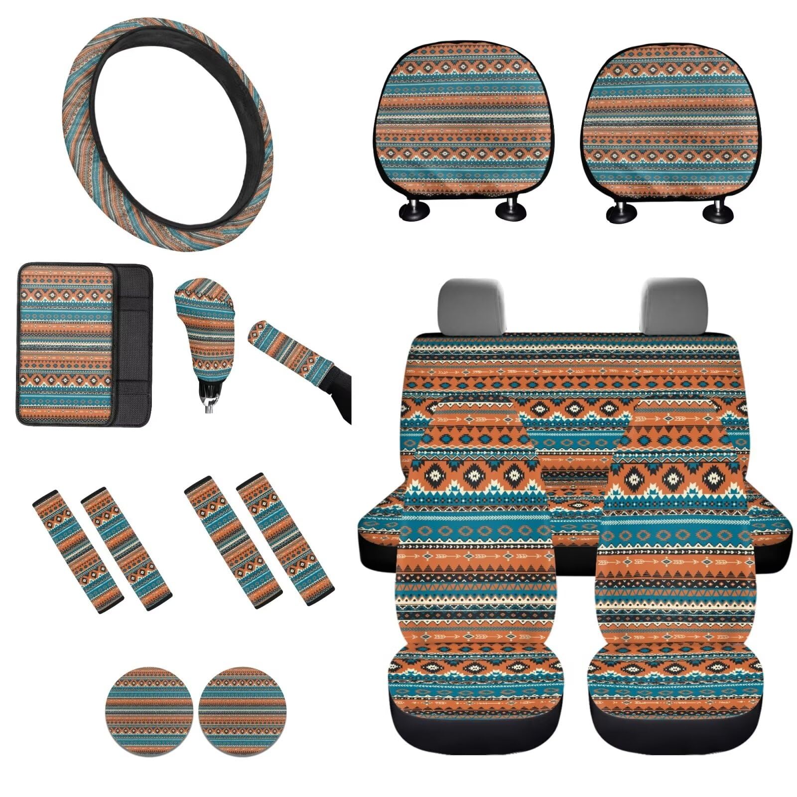 STUOARTE Azted Tribal bedrucktes Auto-Innenbezug-Set für Damen, Autositzbezug mit Lenkradbezug, universelle Passform, 38,1 cm, Sicherheitsgurtbezug, Mittelkonsole, Armlehnenbezug, Untersetzer, 16 von STUOARTE