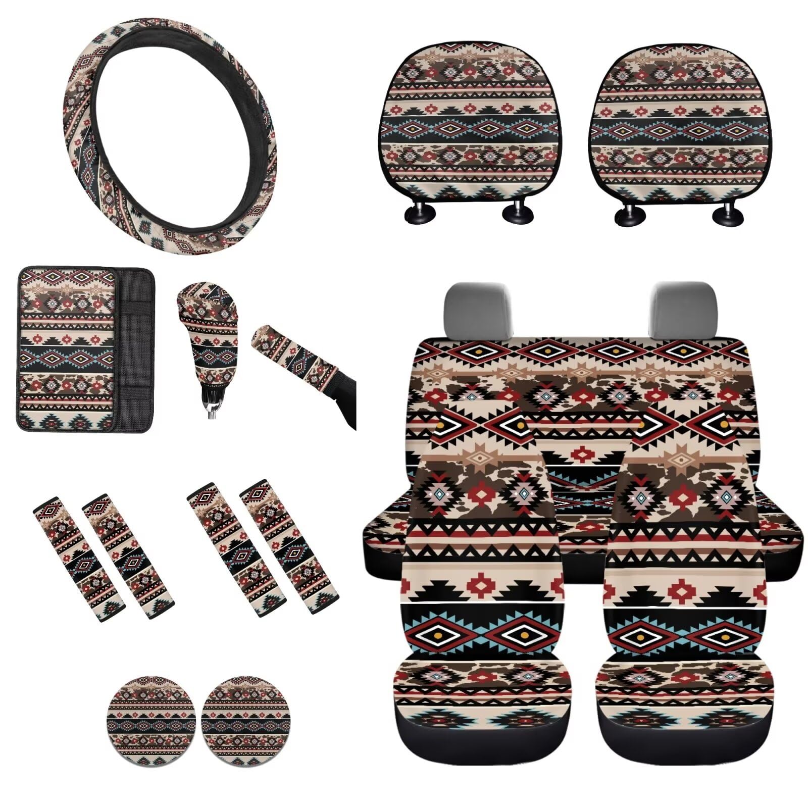 STUOARTE Azteken-Tribal-Aufdruck, Auto-Zubehör-Sets, Auto-Vordersitzbezug, Lenkradbezug, Armlehnenbezug, Sicherheitsgurtbezug, Auto-Handbremsabdeckung, Schaltknaufbezug, Untersetzer, 16-teilig von STUOARTE