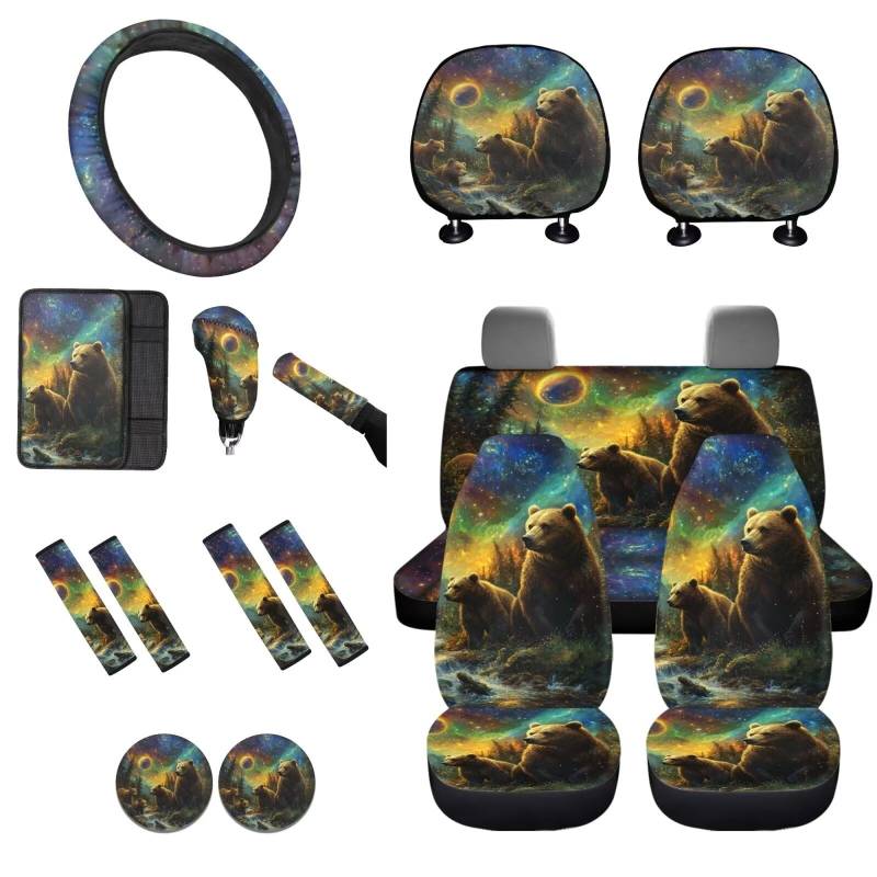 STUOARTE Bear Moon Print Autositzbezug Vollständige Sets von 16 Stück, Autositzschoner mit Lenkradbezug, Sicherheitsgurtbezug, Armlehnenpolster, Tassenuntersetzer, universell passend für von STUOARTE