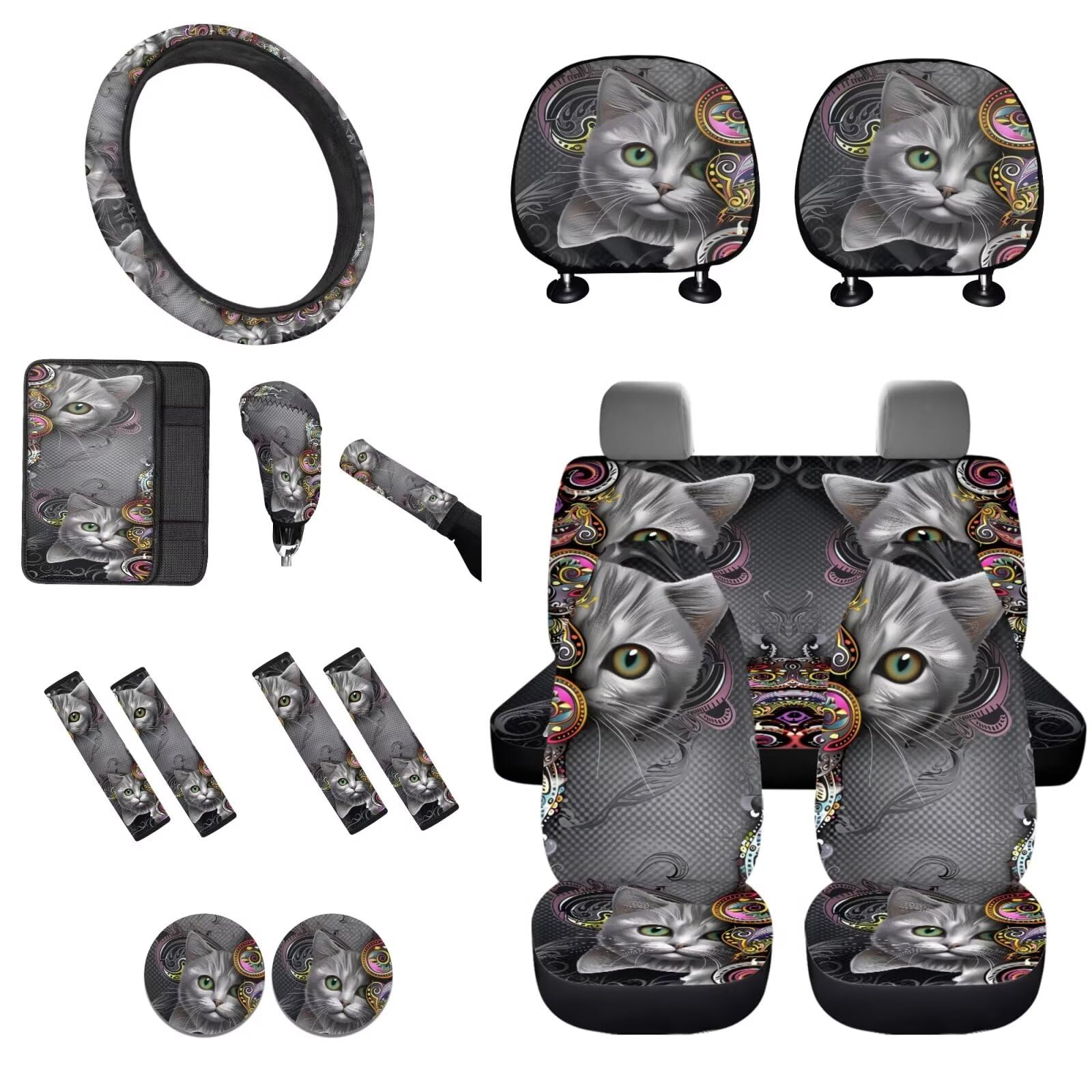 STUOARTE Boho Cats Bedruckter Autositzbezug Vollständige Sets von 16 Stück Autositzbezug Schonbezug mit Lenkradbezug Sicherheitsgurtbezug Armlehnenpolster Schaltknauf Abdeckung Handbremsabdeckung Auto von STUOARTE