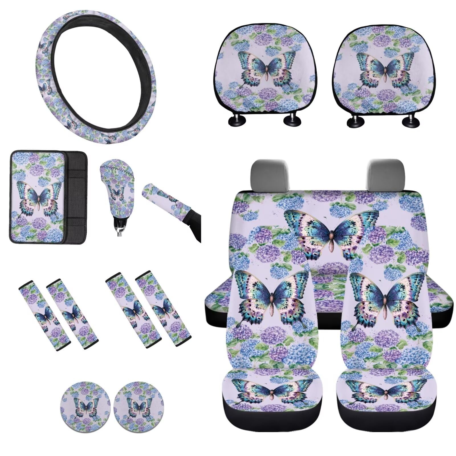 STUOARTE Butterfly Print 16-teiliges Autozubehör-Set, Hortensien-Makrophylla-Druck, Vorder- und Rücksitzbezug mit Lenkradbezug, Sicherheitsgurtbezug, Armlehnenbezug, Kopfstützenbezug, Untersetzer, von STUOARTE