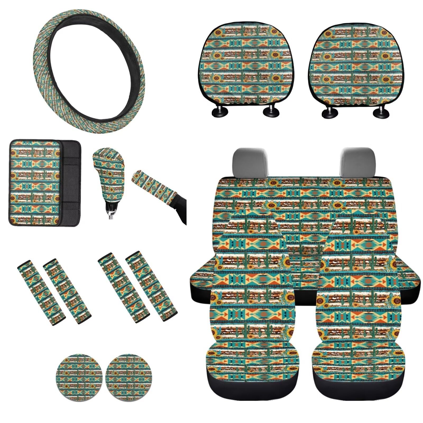 STUOARTE Cactus Aztec Printed Car Seat Cover Full Set, 16 Pieces Car Front Rear Seat Cover Steering Wheel Cover Seat Belt Armrest Cover Gear Shift Knob Cover Handbrake Cover Car Headrest Cover Coaster von STUOARTE