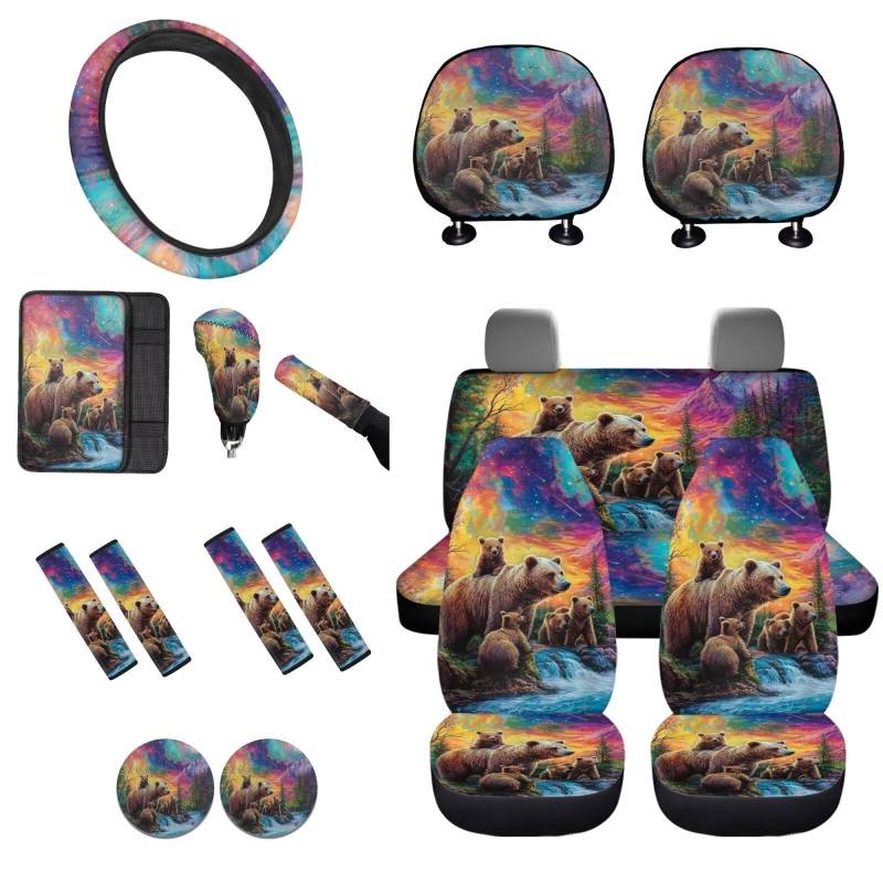 STUOARTE Galaxy Bear Print 16 Stück Autositzbezug Komplette Sets Lenkradbezug Mittelkonsole Abdeckung Sicherheitsgurtbezug Handbremsschutz Kopfstütze Abdeckung Schaltbezug Auto Innenraum Zubehör von STUOARTE