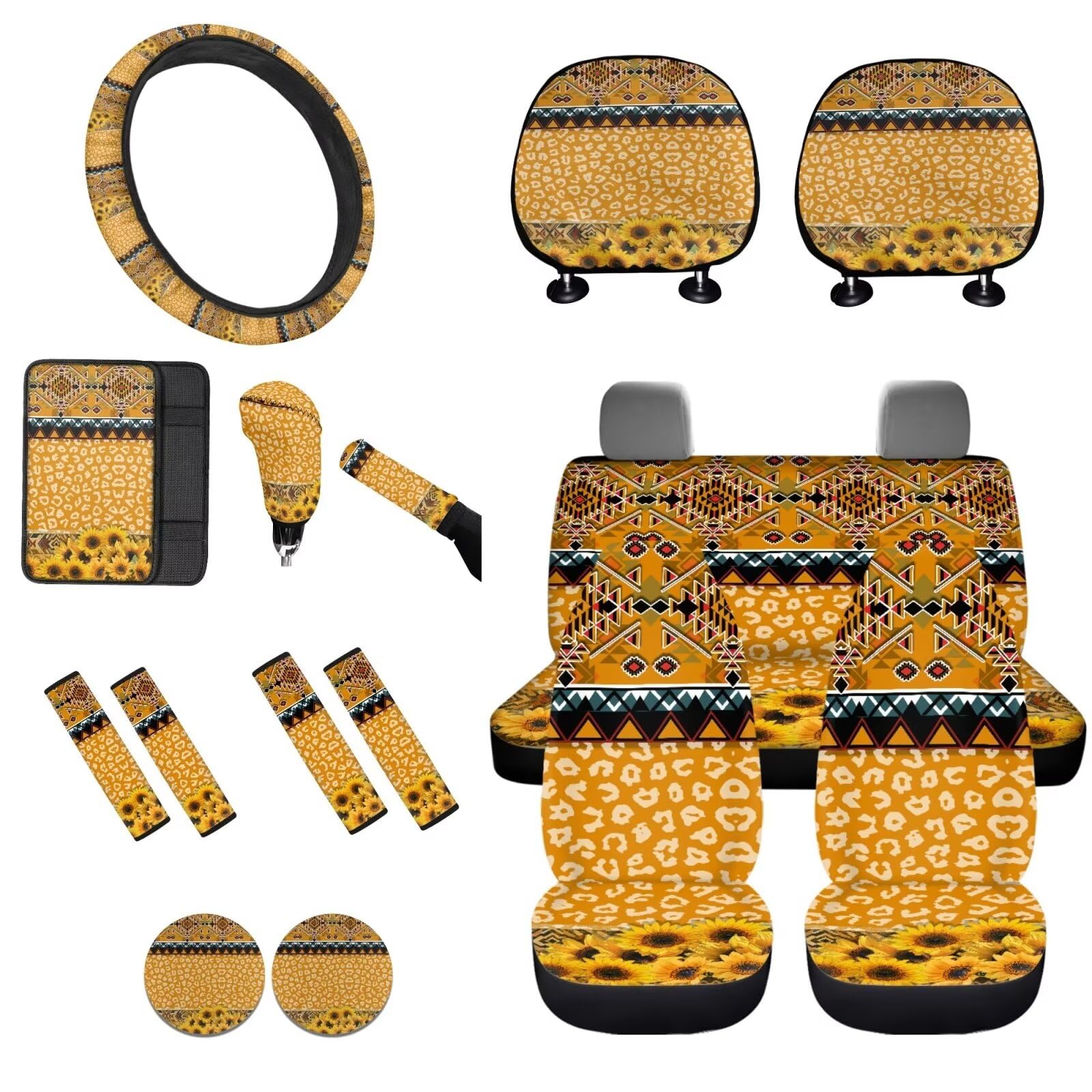 STUOARTE Leoparden-Sonnenblumen-Druck-Innenbezug-Sets, 16-teilig, inklusive Azteken-Tribal-Druck, Autositzbezug, Lenkradbezug, Sicherheitsgurtbezüge, Armlehnenbezüge, Autositzbezüge, Auto-Untersetzer von STUOARTE