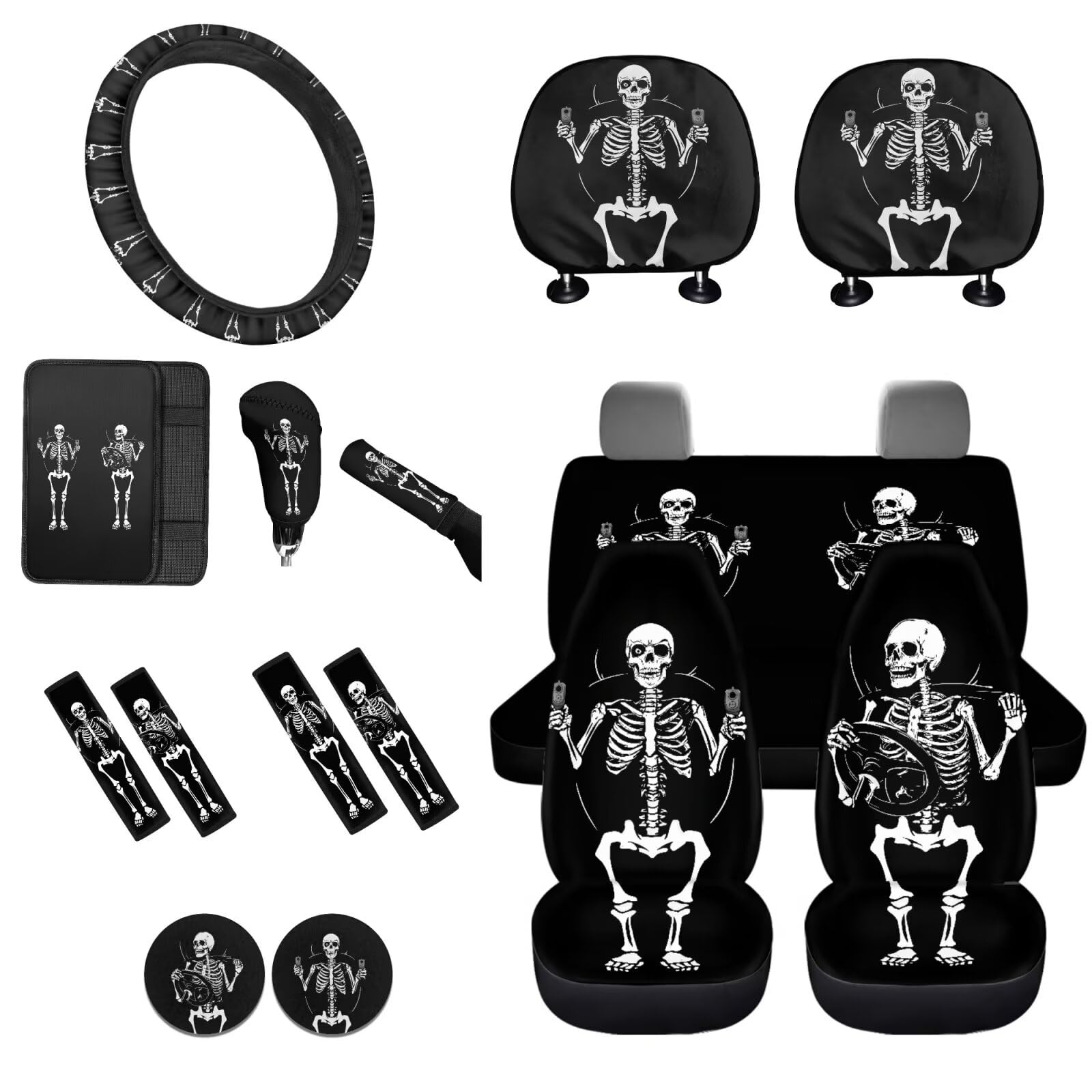 STUOARTE Totenkopf Bedrucktes Autozubehör Set, 16-teilig, inklusive Autositzbezug, Lenkradbezug, Armlehnenpolster, Sicherheitsgurtbezug, Auto-Handbremsbezug, Schaltknaufbezug, Kopfstützenbezug, von STUOARTE