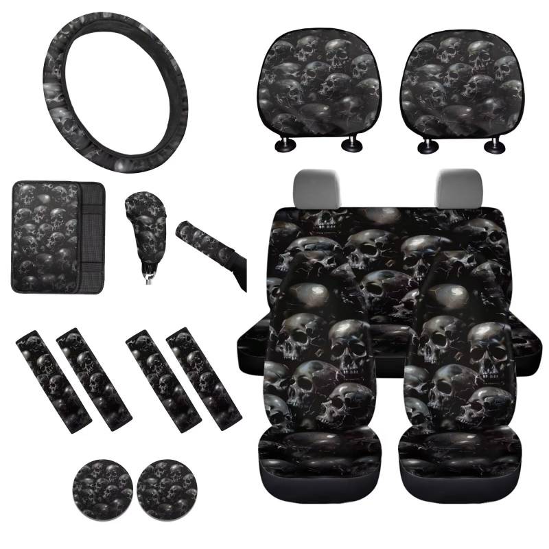 STUOARTE Totenkopf-bedrucktes Autozubehör-Set, Autositzbezug, komplettes Set mit Lenkradbezug, Armlehnenpolster, Sicherheitsgurtbezug, Auto-Handbremsbezug, Schaltknaufbezug, Kopfstützenbezug, von STUOARTE