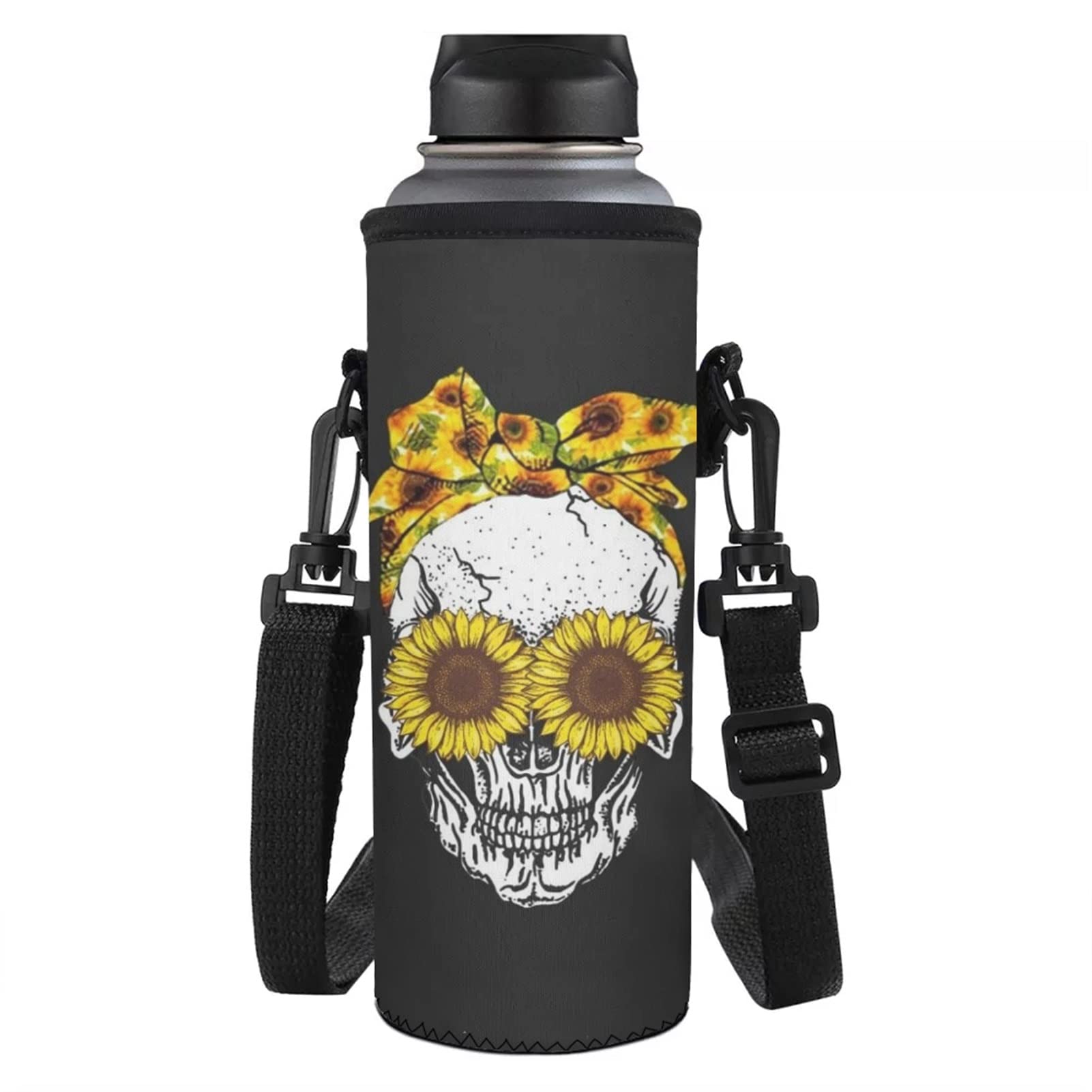 STUOARTE Wasserflaschenhalter mit Sonnenblumen-Totenkopf-Muster, aus Neopren, tragbar, mit Gurt, passend für Edelstahl/Glas/Kunststoffflaschen von STUOARTE