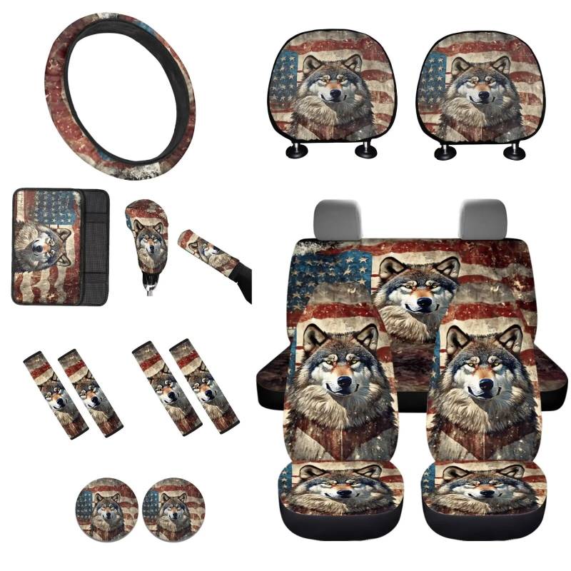 STUOARTE Wolf Amerikanische Flagge, bedrucktes Autozubehör-Set, Autositzbezug, komplettes Set mit Lenkradbezug, Armlehnenpolster, Sicherheitsgurtbezug, Auto-Handbremsbezug, Schaltknaufbezug, von STUOARTE