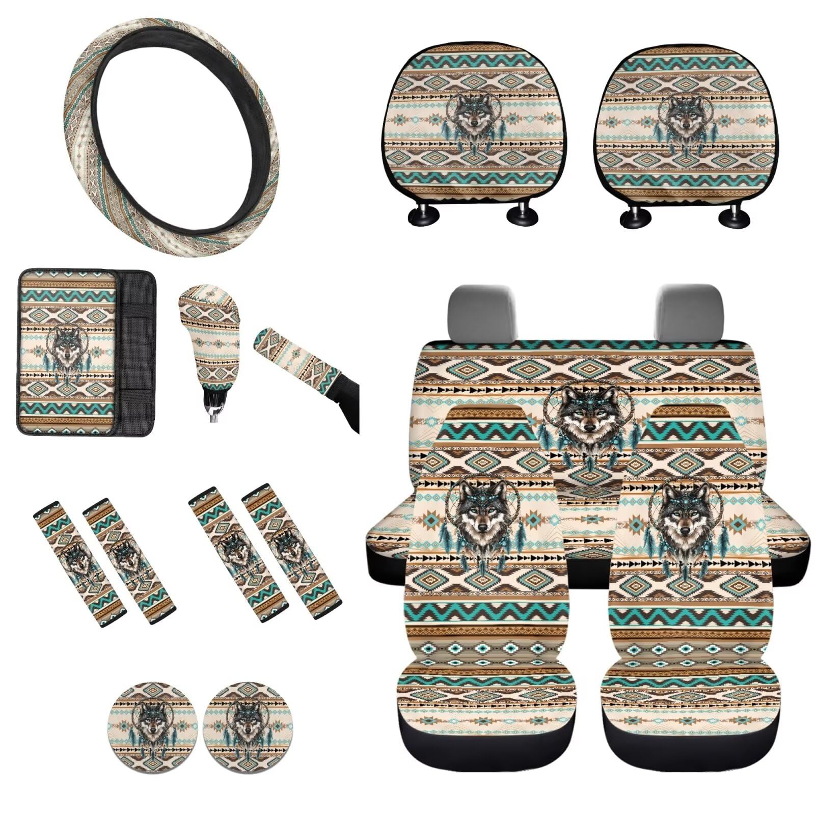 STUOARTE Wolf Aztekenmuster Autositzbezug Vollständiges Set, Traumfänger Bedrucktes Autozubehör-Set, Vordersitzbezug mit Lenkradbezug, Armlehnenbezug, Sicherheitsgurtbezug, Tassenuntersetzer, 16 Stück von STUOARTE