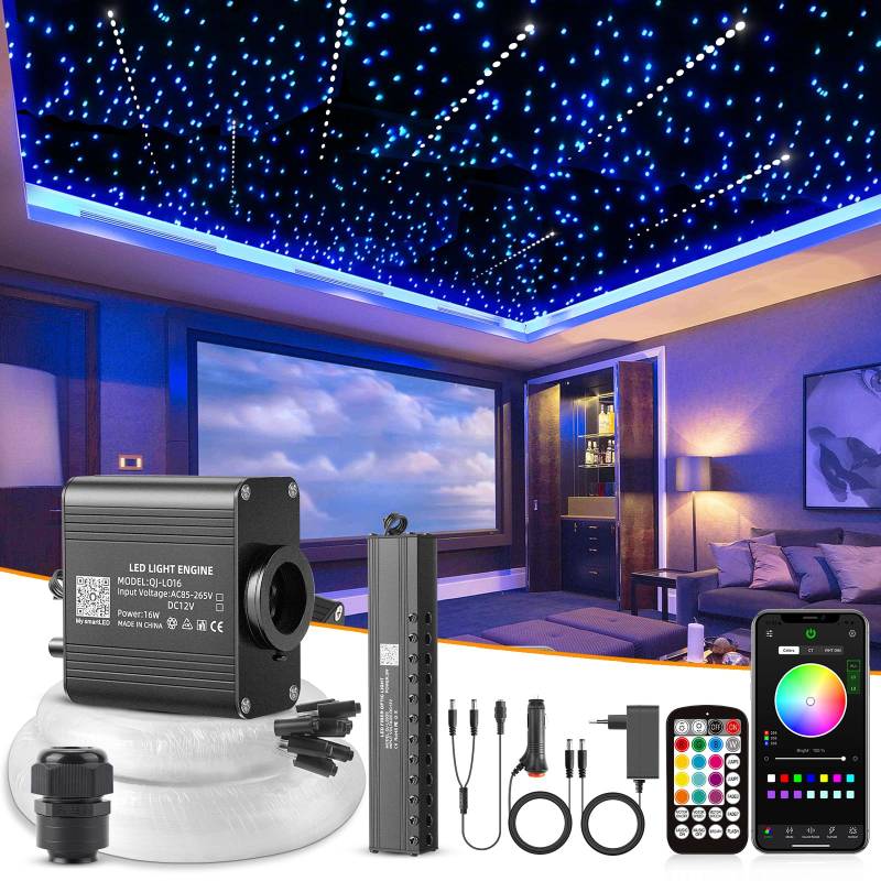 SUNKENET 16W Meteor Twinkle Sternenhimmel Auto, 450pcs*0.75mm*3m Sternenhimmel Glasfaser mit Shooting Star Light Kit RGBW Bluetooth-APP/Fernbedienung Led Glasfaser Licht für Auto/Decke von SUNKENET