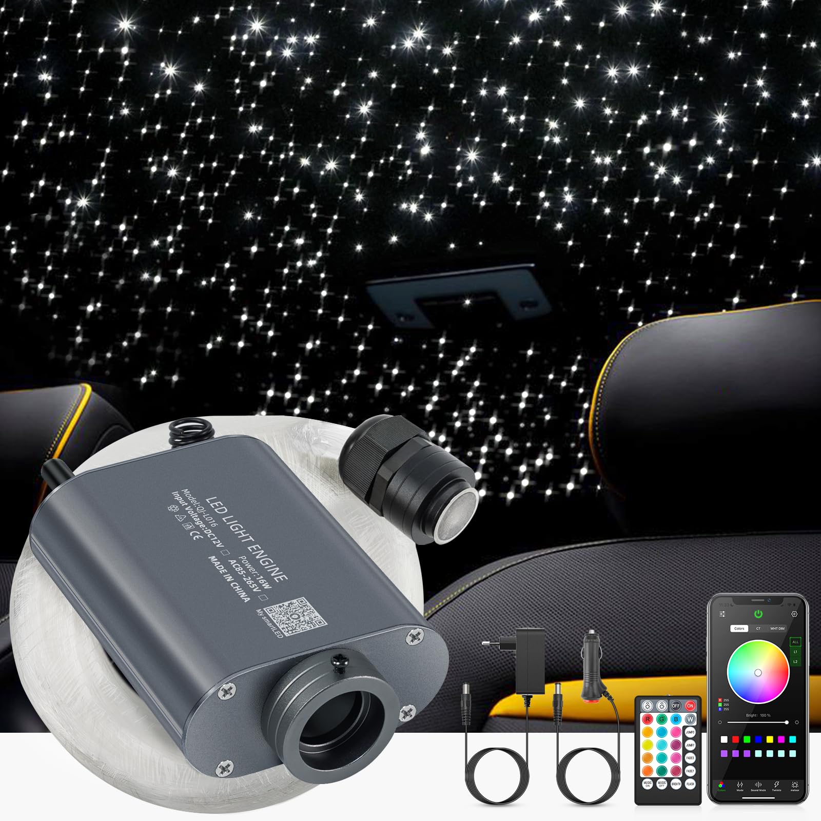 SUNKENET 16W Sternenhimmel Auto, 450pcs*0.75mm*3m Sternenhimmel Glasfaser RGBW Bluetooth-APP/Fernbedienung Led Glasfaser Licht für Auto/Decke/Theater von SUNKENET