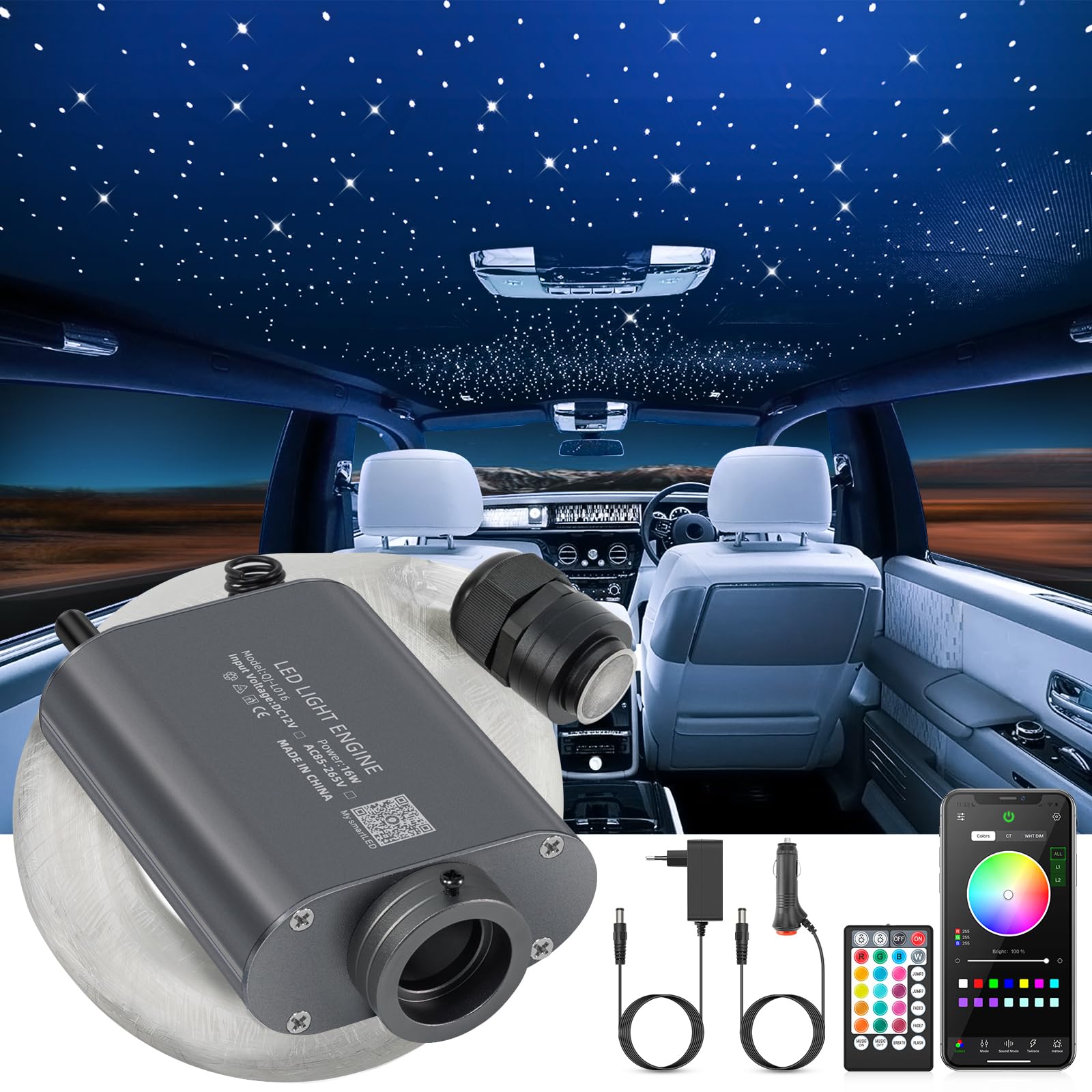 SUNKENET 16W Sternenhimmel Auto, 550pcs*0.75mm*4m Sternenhimmel Glasfaser RGBW Bluetooth-APP/Fernbedienung Led Glasfaser Licht für Auto/Decke/Theater von SUNKENET