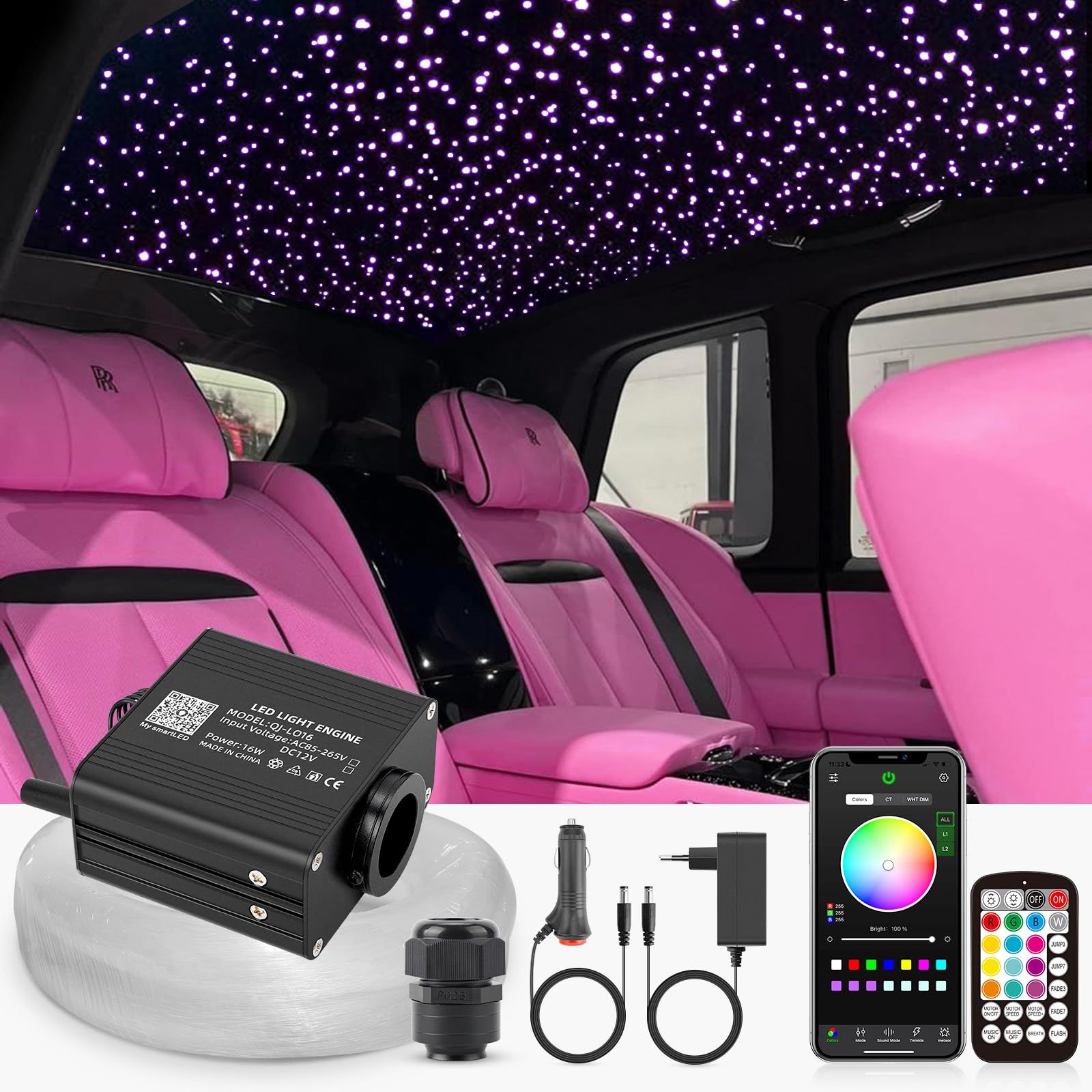 SUNKENET 16W Twinkle Sternenhimmel Auto, 300pcs of (0.75+1.0+1.5mm)*3m Sternenhimmel Glasfaser RGBW Bluetooth-APP/Fernbedienung Led Glasfaser Licht für Auto/Decke/Theater von SUNKENET