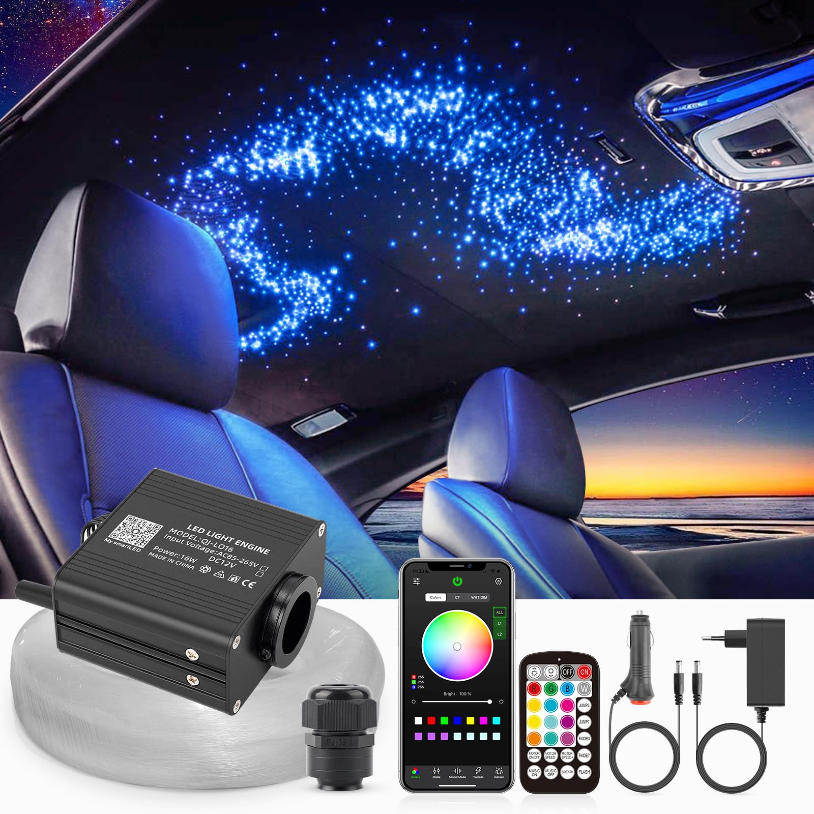 SUNKENET 16W Twinkle Sternenhimmel Auto, 450pcs*0.75mm*3m Sternenhimmel Glasfaser RGBW Bluetooth-APP/Fernbedienung Led Glasfaser Licht für Auto/Decke/Theater von SUNKENET