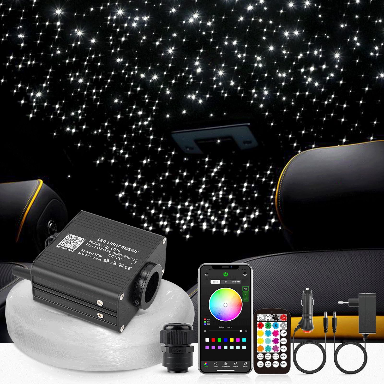 SUNKENET 16W Twinkle Sternenhimmel Auto, 570pcs of (0.75+1.0+1.5mm)*3m Sternenhimmel Glasfaser RGBW Bluetooth-APP/Fernbedienung Led Glasfaser Licht für Auto/Decke/Theater von SUNKENET