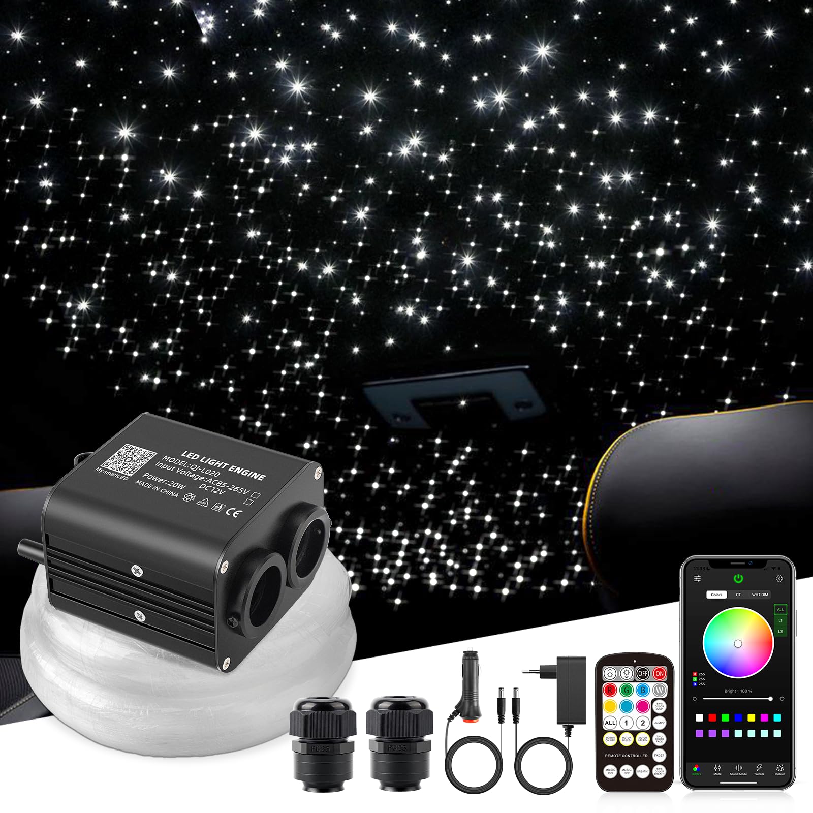 SUNKENET 20W Twinkle Sternenhimmel Auto, 1000pcs*0.75mm*4m Sternenhimmel Glasfaser RGBW Bluetooth-APP/Fernbedienung Led Glasfaser Licht für Auto/Decke/Theater von SUNKENET