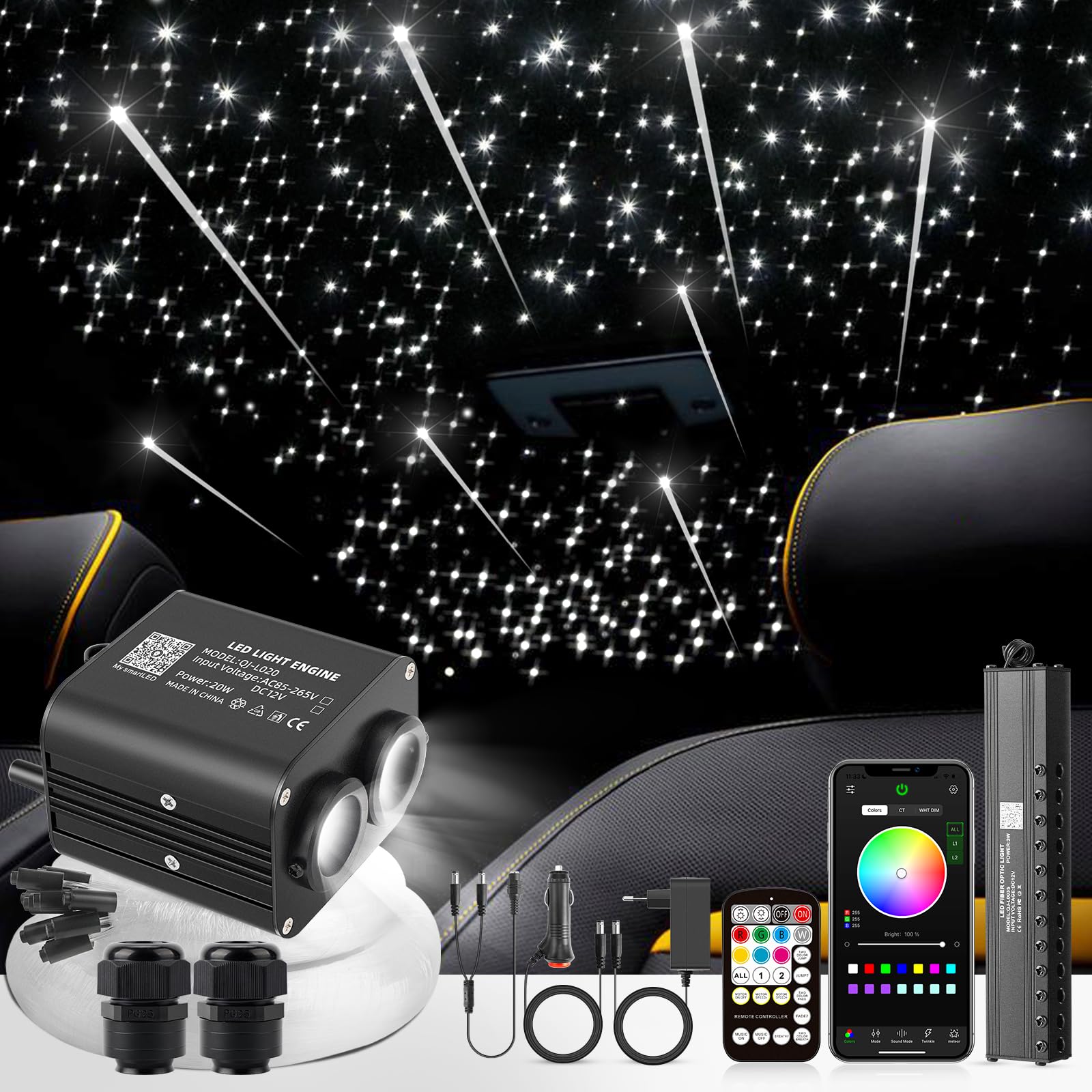 SUNKENET 20W Meteor Twinkle Sternenhimmel Auto, 1000pcs*0.75mm*4m Sternenhimmel Glasfaser mit Shooting Star Light Kit RGBW Bluetooth-APP/Fernbedienung Led Glasfaser Licht für Auto/Decke von SUNKENET