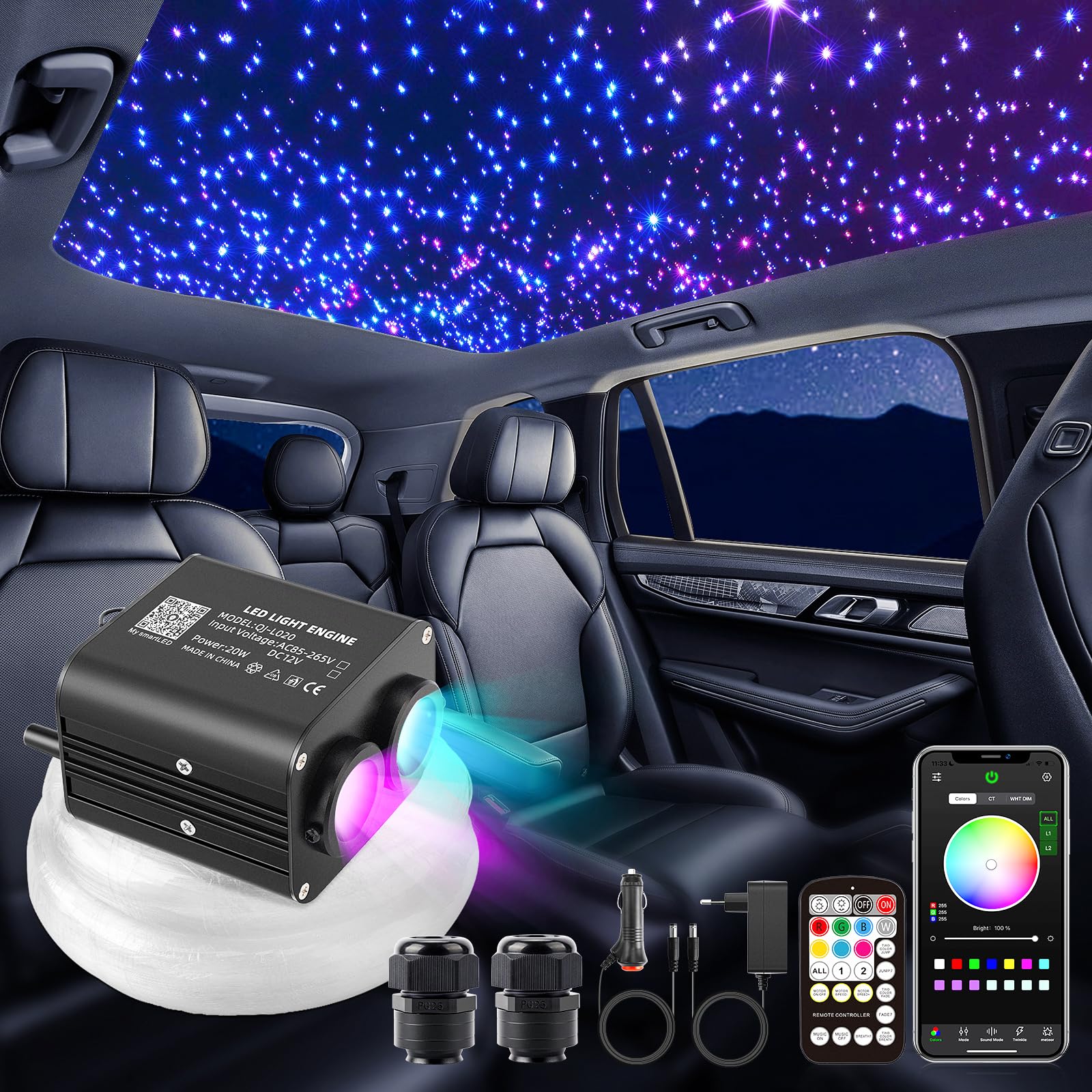 SUNKENET 20W Twinkle Sternenhimmel Auto, 550pcs*0.75mm*3m Sternenhimmel Glasfaser RGBW Bluetooth-APP/Fernbedienung Led Glasfaser Licht für Auto/Decke/Theater von SUNKENET