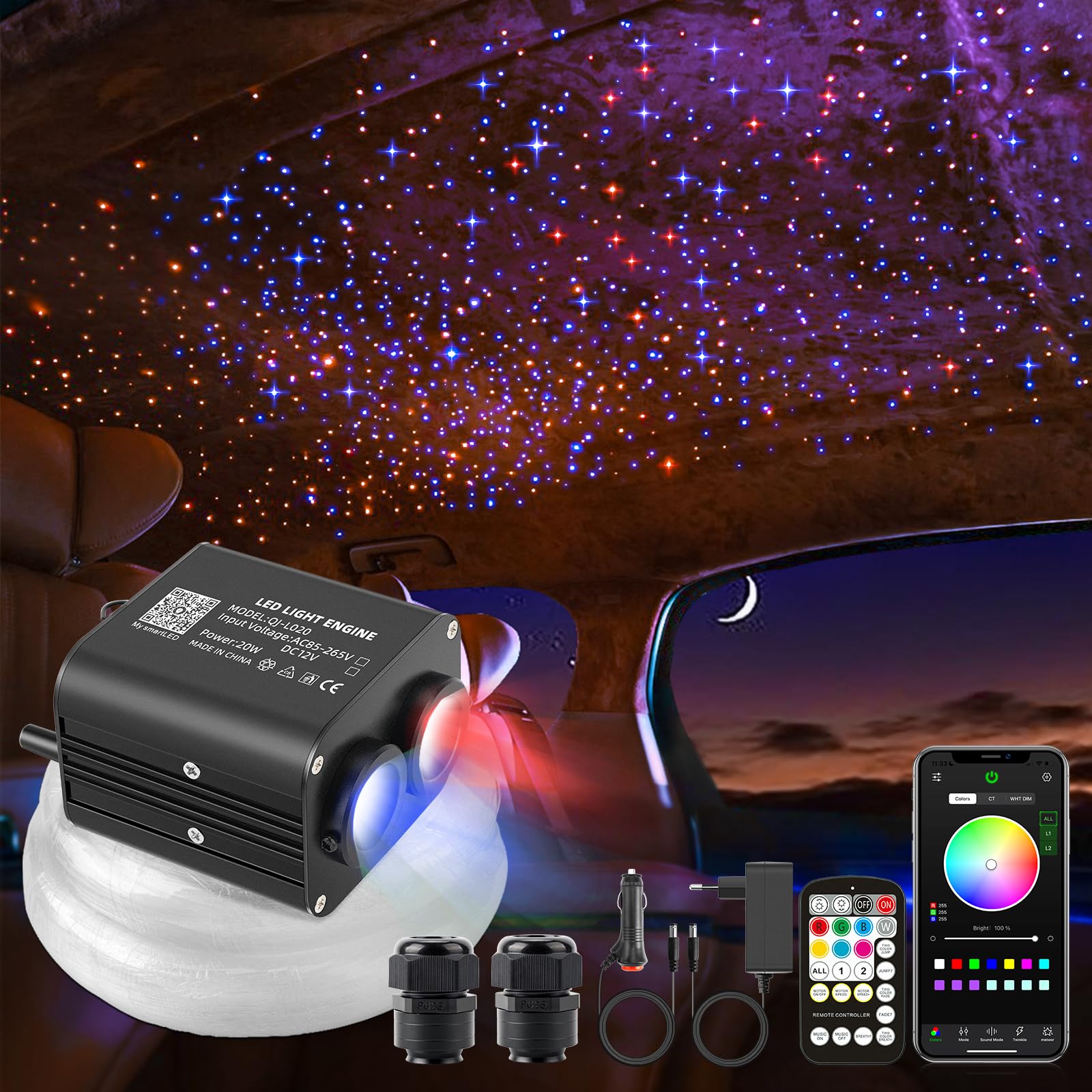 SUNKENET 20W Twinkle Sternenhimmel Auto, 800pcs*0.75mm*3m Sternenhimmel Glasfaser RGBW Bluetooth-APP/Fernbedienung Led Glasfaser Licht für Auto/Decke/Theater von SUNKENET