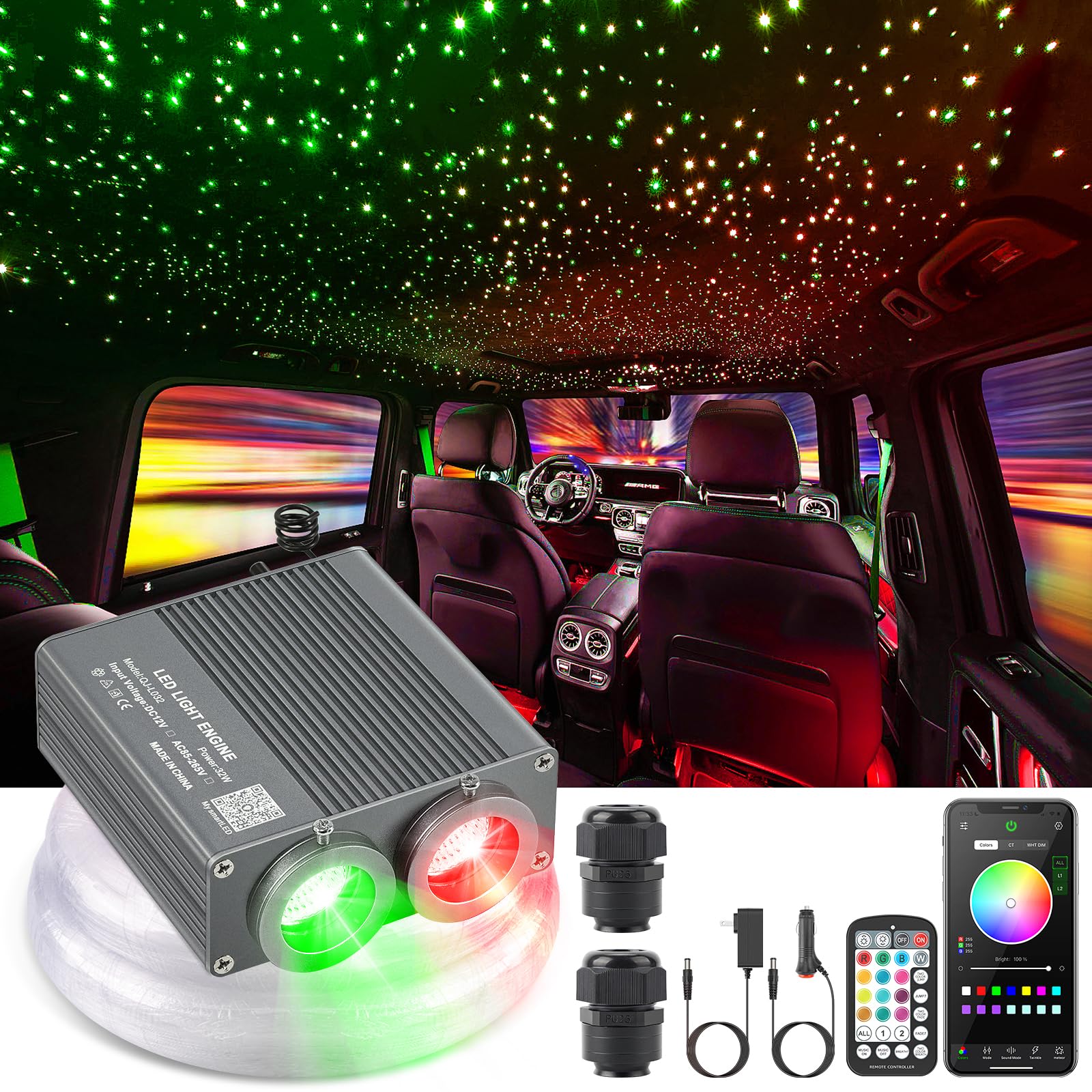 SUNKENET 32W Sternenhimmel Auto, 800pcs*0.75mm*4m Sternenhimmel Glasfaser RGBW Bluetooth-APP/Fernbedienung Led Glasfaser Licht für Auto/Decke/Theater von SUNKENET