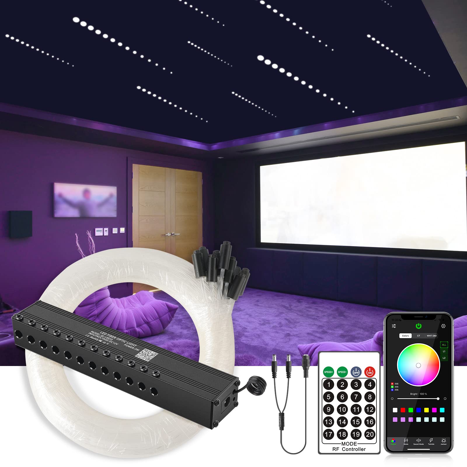 SUNKENET Meteor 3W 12LEDs 96pcs*0.75mm*3m Sternenhimmel Auto Glasfaser Licht für Auto/Decke, Bluetooth/Remote+DC Power Splitter Kabel Deckenleuchten Kit Shooting Star Light (nur Sternschnuppeneffekt) von SUNKENET