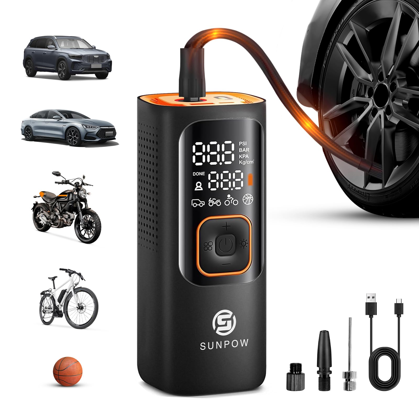 SUNPOW Elektrische Luftpumpe, Tragbar Mini Kompressor mit 7500mAh Akku, 160PSI Tragbarer Luftkompressor Auto Reifenpumpe, 12V DC Dual Power, Digital LCD, LED Licht, AutoOff, Als Powerbank von SUNPOW