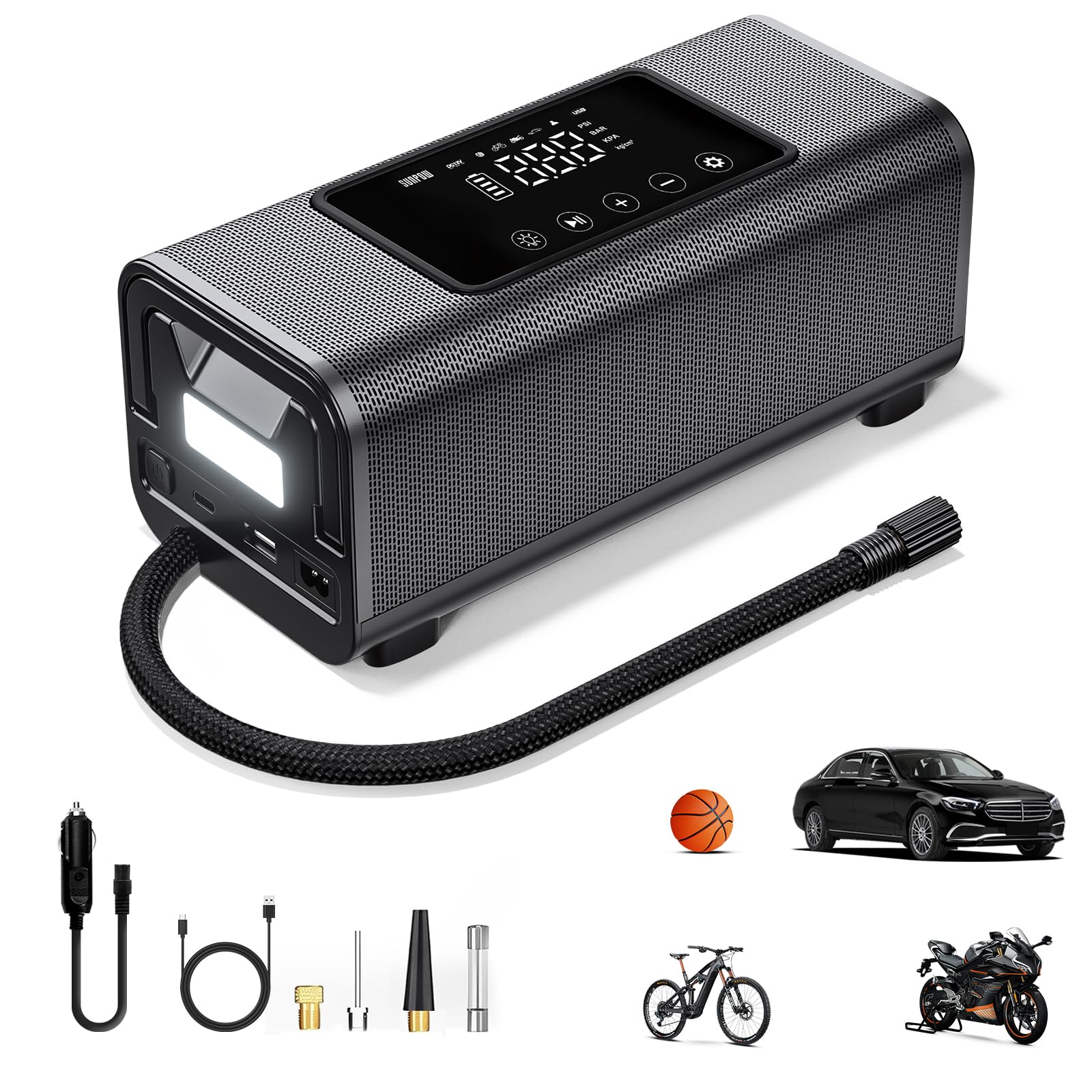 SUNPOW Elektrische Luftpumpe 2X Schneller, Akku luftpumpe Auto, Tragbar Mini Kompressor mit 150PSI 12V DC, Metall Doppelzylinder, LCD Tastbildschirm, Fur Auto Fahrrad Pickup SUV von SUNPOW