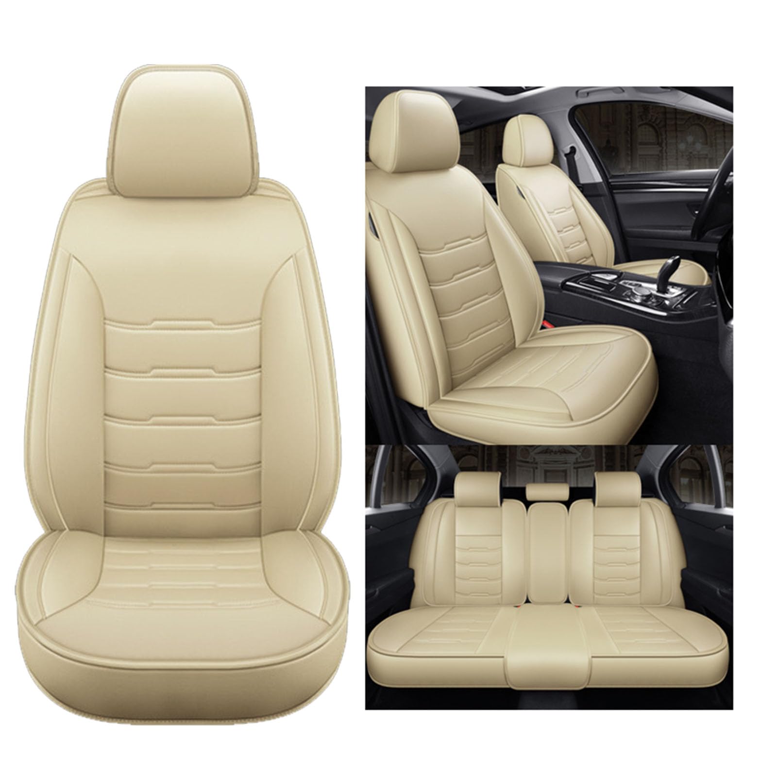 Auto Innenschutz Full Set, Cover Set, Leder Sitzbezüge 5 Sitze, Autositz Abdeckungen Vordersitze und Rücken fit für die meisten Autos,Beige von SUPBEI