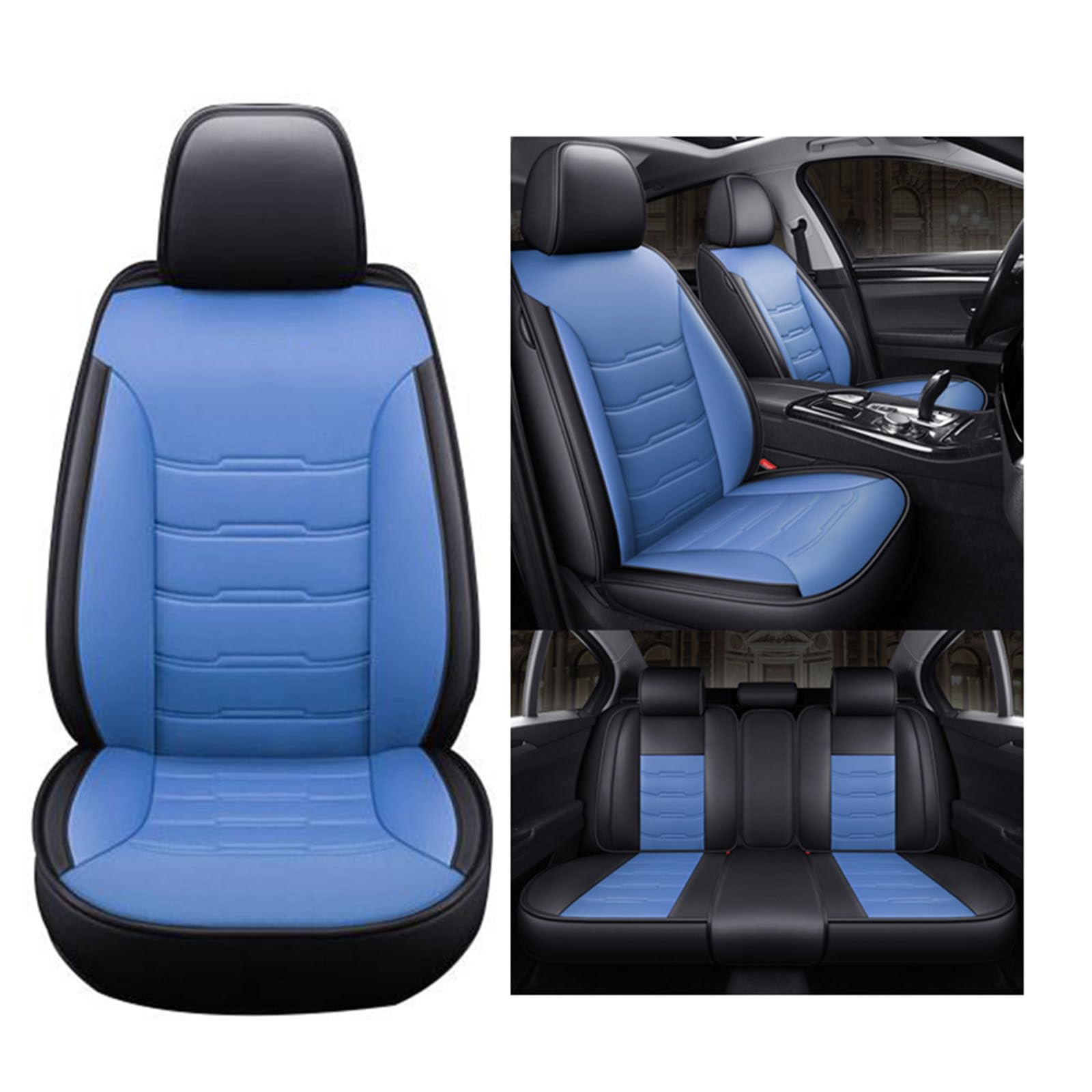 Auto Innenschutz Full Set, Cover Set, Leder Sitzbezüge 5 Sitze, Autositz Abdeckungen Vordersitze und Rücken fit für die meisten Autos,Black Blue von SUPBEI