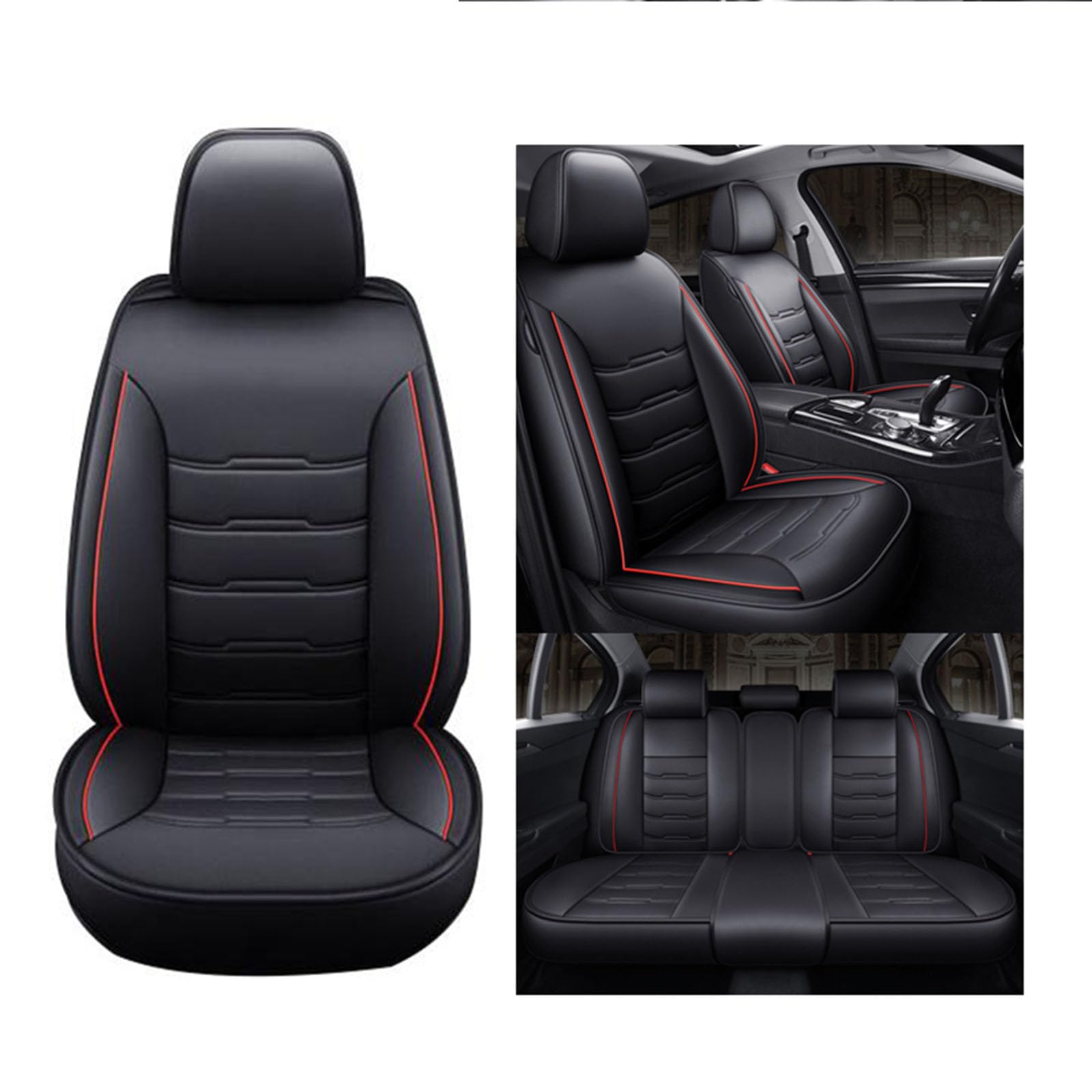 Auto Innenschutz Full Set, Cover Set, Leder Sitzbezüge 5 Sitze, Autositz Abdeckungen Vordersitze und Rücken fit für die meisten Autos,Black red von SUPBEI