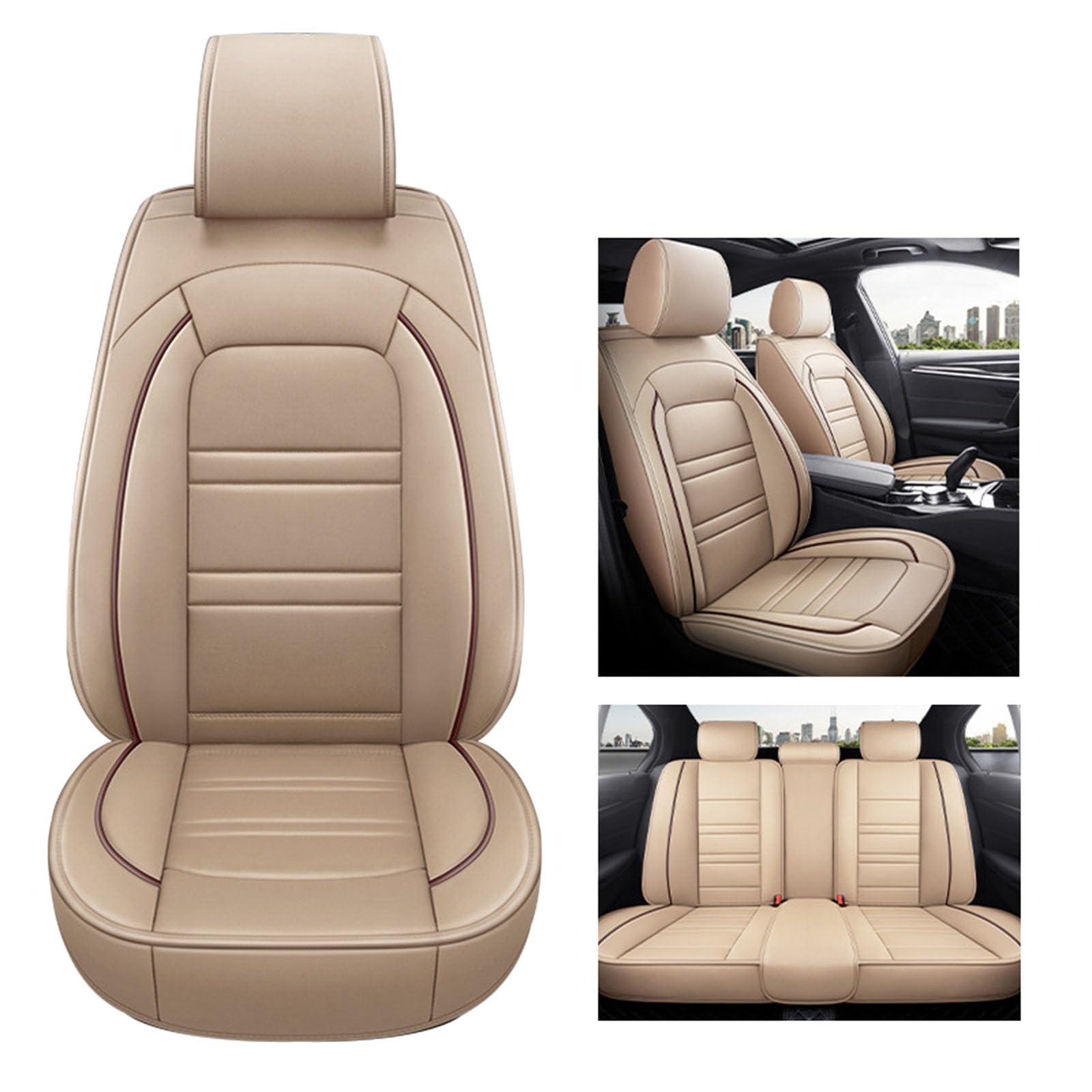 SUPBEI Auto Sitzbezüge Voll Set, Split Wasserdicht Luxus Auto Schwarz Sitzbezug Kissen,Universal Atmungsaktiv Volle Surround Leder Auto Sitzbezug Schutz,Beige von SUPBEI