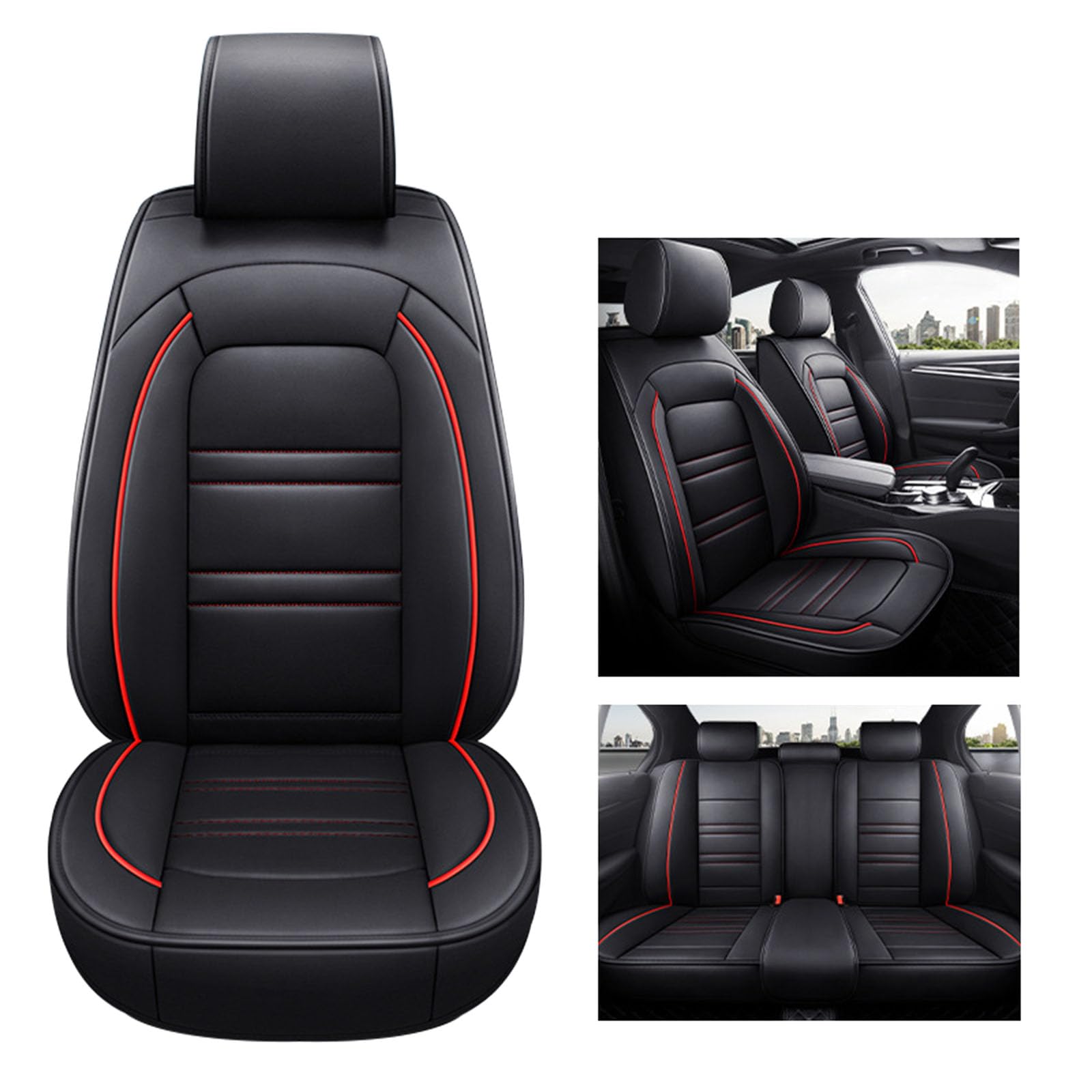 SUPBEI Auto Sitzbezüge Voll Set, Split Wasserdicht Luxus Auto Schwarz Sitzbezug Kissen,Universal Atmungsaktiv Volle Surround Leder Auto Sitzbezug Schutz,Black red von SUPBEI