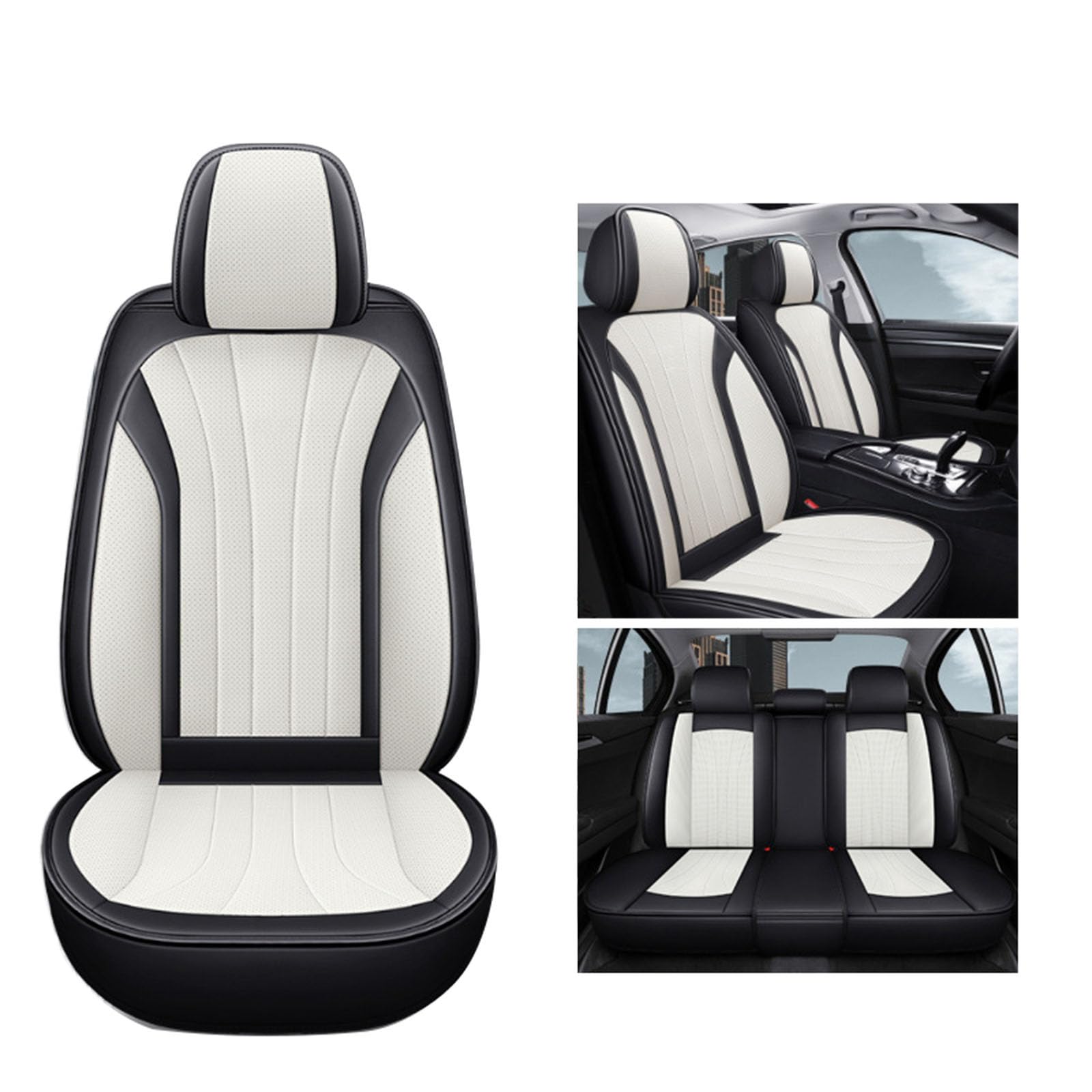 SUPBEI Full Set Universal Sitzbezüge für Autos, atmungsaktive Fabric&Leather Auto Seat Protektoren,wasserdichte Automotive Seat Covers für die meisten Limousinen SUVs Trucks,White Black von SUPBEI