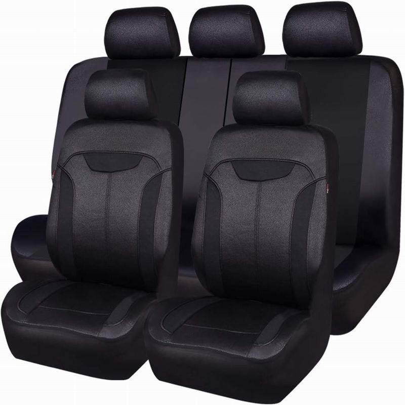 SUPBEI Leder Full Set Abdeckungen, Auto Sitz Abdeckung Voll Set, Universal Fit Airbag Kompatibel Automotive Innenraum Abdeckungen für Limousinen, LKW, Transporter, SUV,Schwarz von SUPBEI