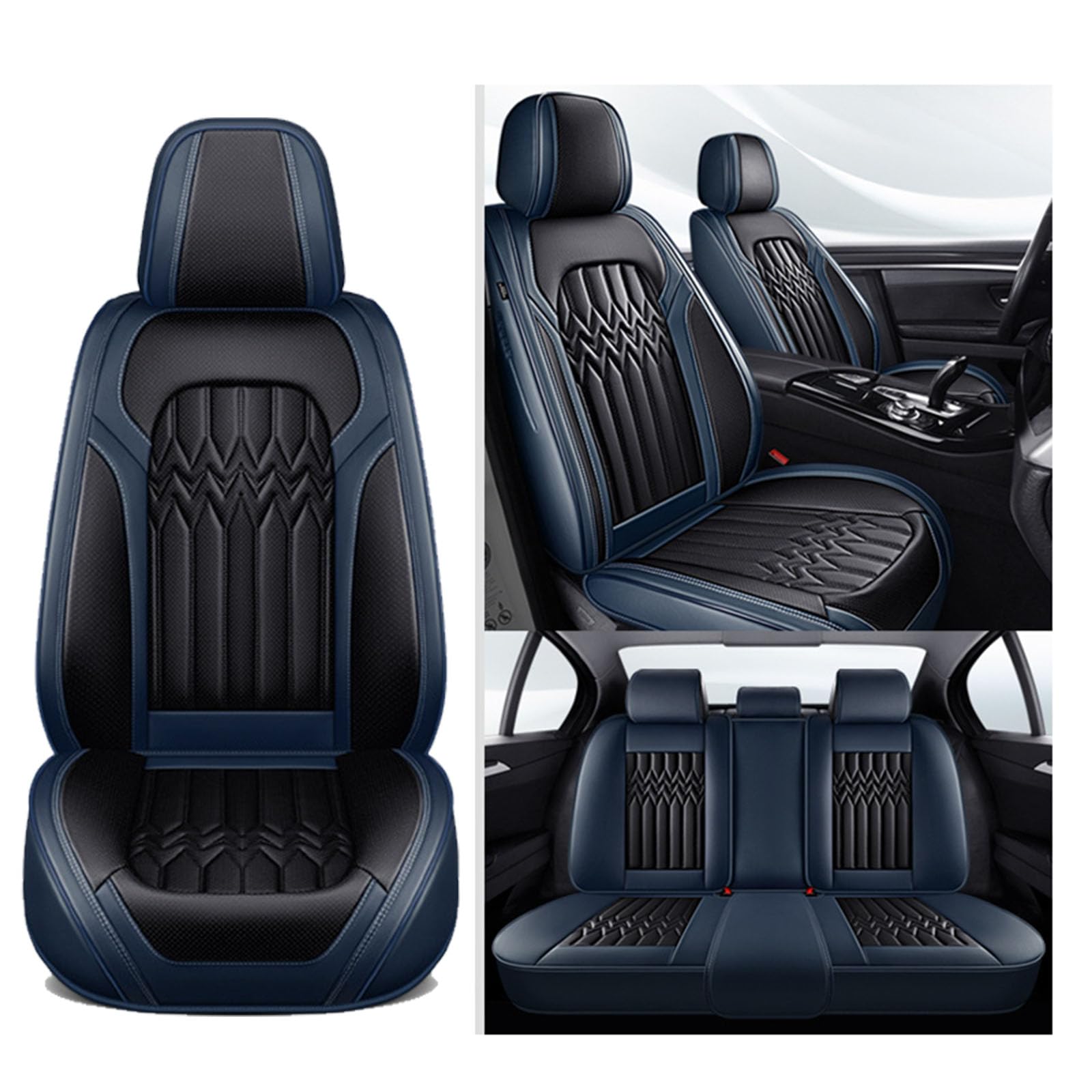 Vorder- und Rücksitzbezüge, Universal-Kunstleder Autositzbezüge 5 Sitze, Automotive Seat Covers für die meisten Limousinen SUVs Trucks,Blue Black von SUPBEI