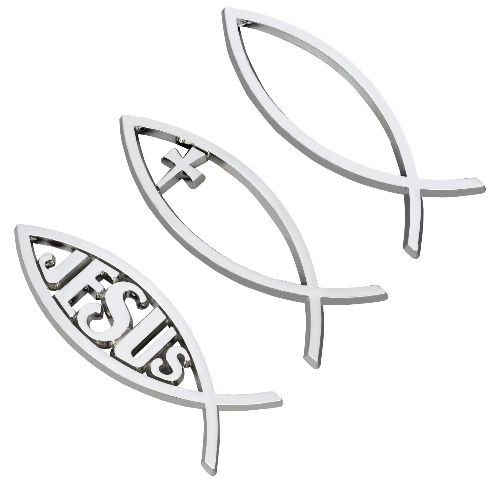 SUPERFINDINGS 3Stk Silber Aufkleber Jesus Christ Fisch Und Kreuz Selbstklebende Metall Optic Decal Abzeichen Emblem 3D Auto Aufkleber Fisch Für Autofenster Laptops Gepäck Kühlschrank, 140x46x6mm von SUPERFINDINGS