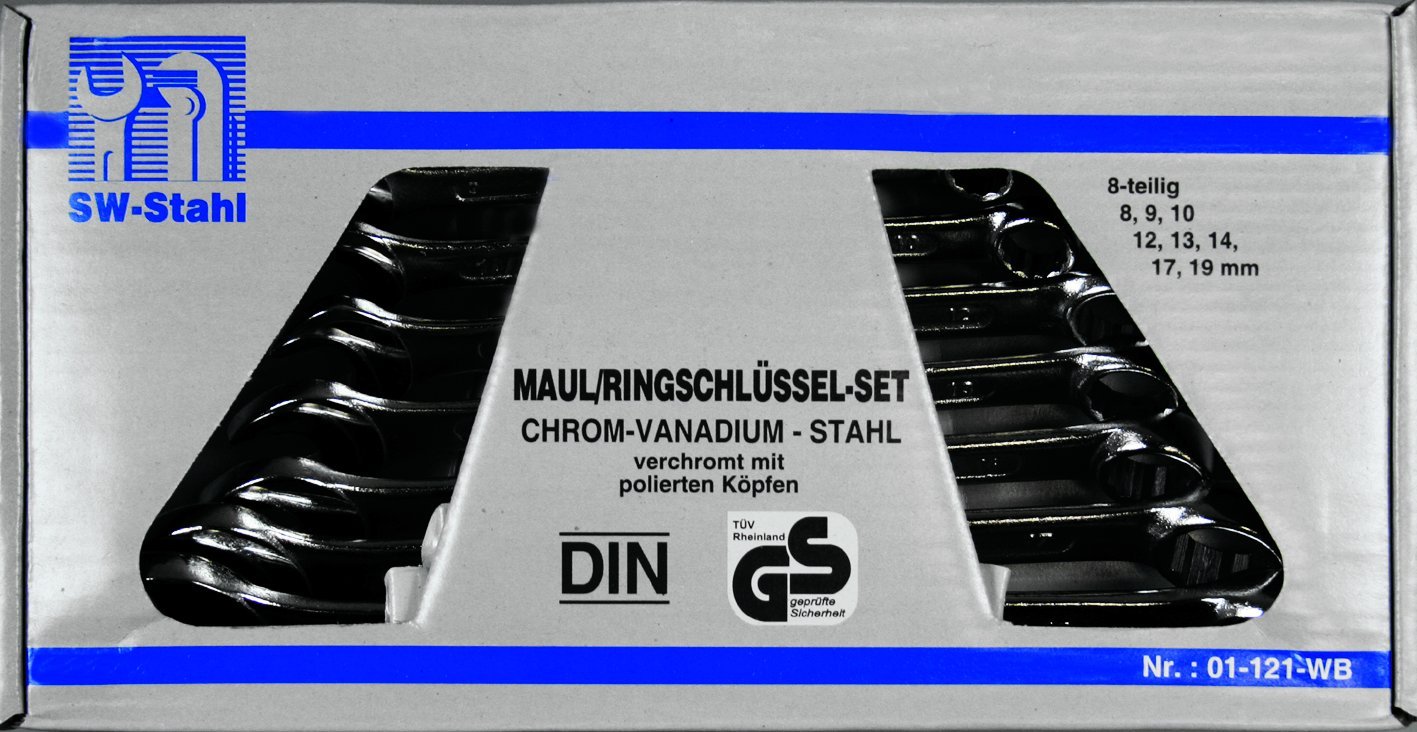 SW-Stahl 01-121-WB Gabelringschlüsselsatz 8-19 mm, 8-teilig I Ringschraubenschlüssel I Doppel-Schraubenschlüssel I Ringschlüssel-Set I Maulschlüssel I Ringmaulschlüssel von SW-Stahl