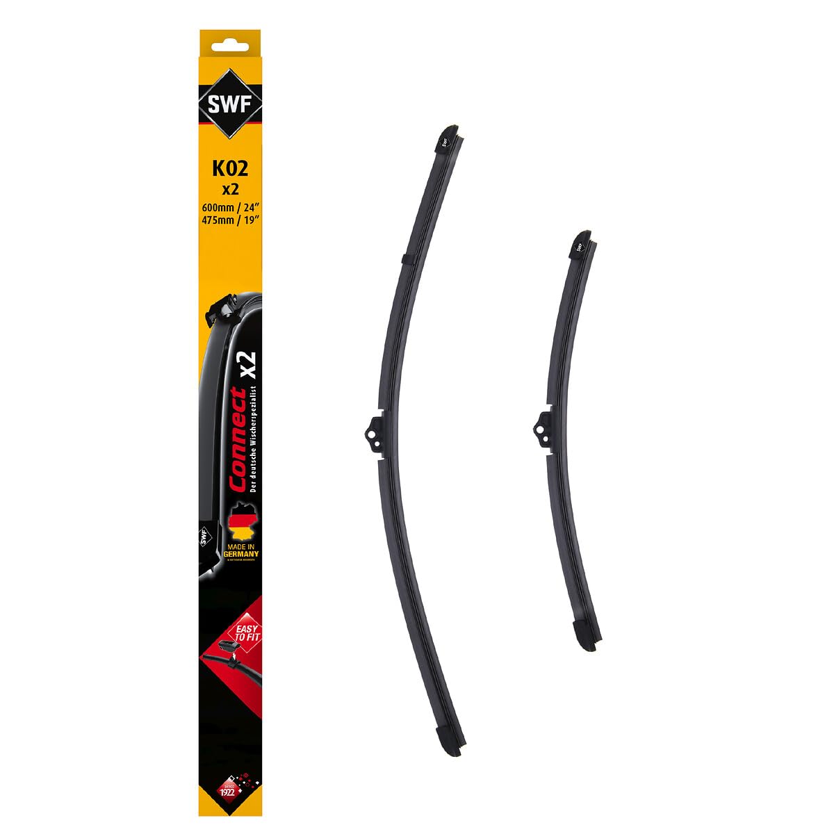 SWF Connect Wischer – K02 – Kit Aus in Deutschland Hergestellten Flachbalkenwischern Für Optimale Wischleistung 600mm/475mm – Vorne – 2er-Set, Black von SWF