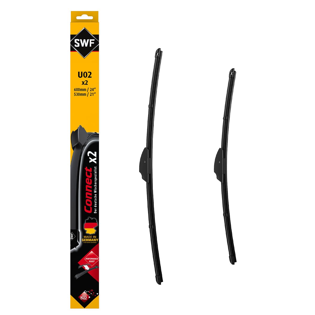 SWF Connect Wischer – U02 – Kit Aus in Deutschland Hergestellten Flachbalkenwischern Für Optimale Wischleistung 600mm/530mm – Vorne – 2er-Set, Black von SWF