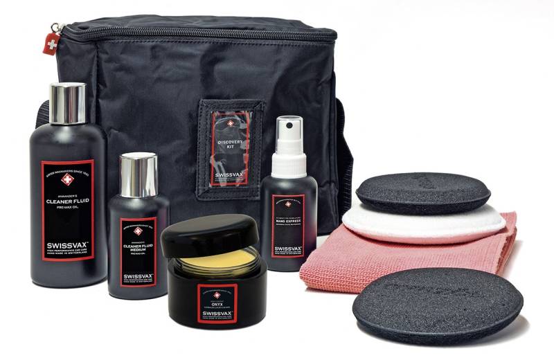 SWISSVAX Discovery Kit Onyx Autopflege Set mit Carnauba Wachs, Politur, Detailer, Autoshampoo, Poliertuch und Pads von SWISSVAX