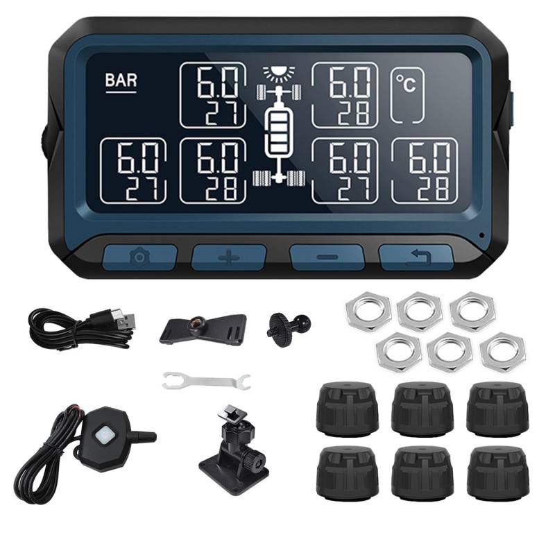 Dual Charging Mode TPMS, 0-13.7BAR Wireless Solar Tire Pressure Monitor Universal Multifunctional Tyre Monitoring System with 7 Alert Modes and 6 Sensors (Sensing Distance 20M) von SWTHM