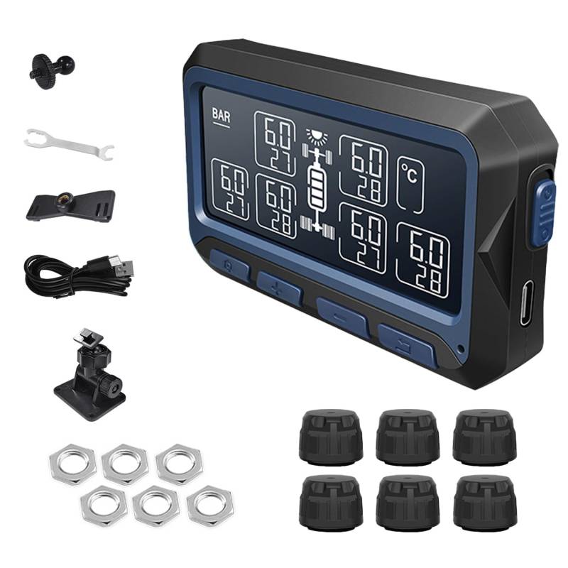 Dual Charging Mode TPMS, 0-13.7BAR Wireless Solar Tire Pressure Monitor Universal Multifunctional Tyre Monitoring System with 7 Alert Modes and 6 Sensors (Sensing Distance 8M) von SWTHM