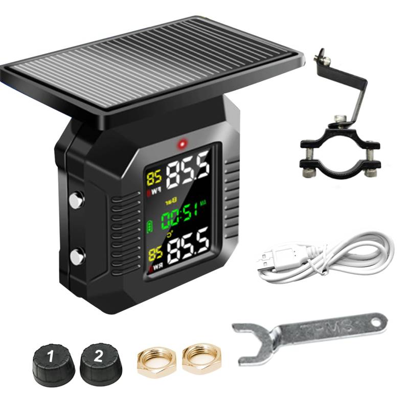 SWTHM Motorrad TPMS Reifendruckkontrollsystem, Solar Reifendruckmonitor mit 2 externen Sensoren, LCD Digitalanzeige IP67 Wasserdicht mit Schraubenschlüssel & Halterung für Motorrad von SWTHM