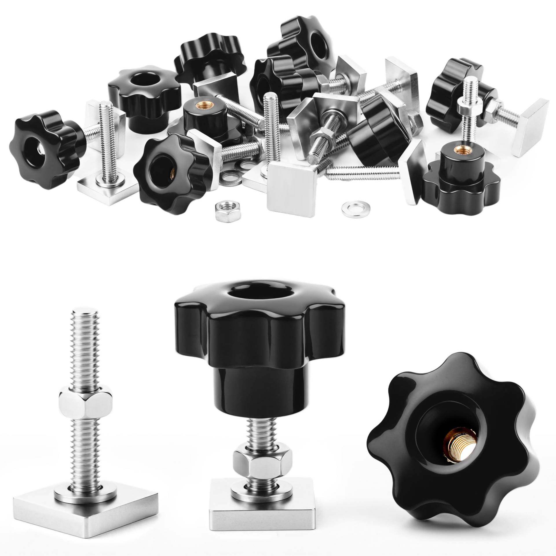 SWTYExt 6 Sets T-Nut Adapter Kompatibel für Thule Dachbox Halterung mit T Nutensteine M6x35mm und Sterngriffmutter M6 Unterlegscheiben Muttern für Fahrradträger Relingträger Dachträger 20x20mm von SWTYExt