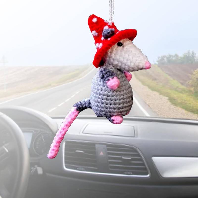 Possum Auto Hängeornament, Niedliches Opossum Häkel Autospiegel Hängezubehör, Dekor, Handgefertigter Gestrickter Possum Autoanhänger, für Auto Dekor Zubehör (C) von SYH&AQYE