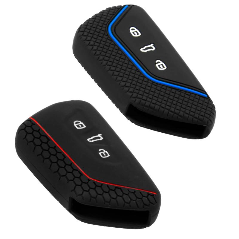 2pcs Autoschlüssel Hülle Auto Schlüssel 3 Tasten Kompatibel mit VW Golf 8 ID4 CROZZ Weiran Golf Schlüsselhülle Silikon Schlüsselhülle Autoschlüssel Etui Cover Schwarz Rot, Schwarz Blau von SYHSYC