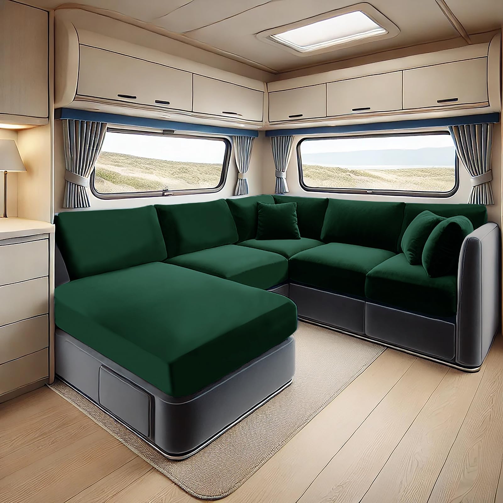 SYLC Samt Bezüge Für Wohnwagenpolster, rutschfeste Wohnmobil Sitzbezüge Mit 2 Cord, Sofa Sitzkissenbezug Für Schonbezug Wohnwagen Polster (Dark Green,Rectangle 5XL) von SYLC