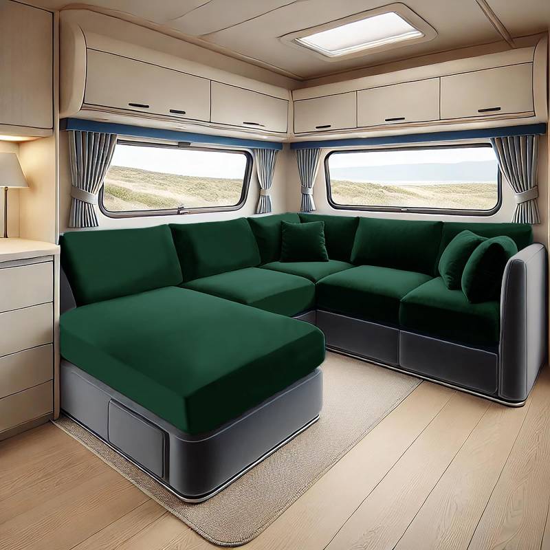 SYLC Samt Bezüge Für Wohnwagenpolster, rutschfeste Wohnmobil Sitzbezüge Mit 2 Cord, Sofa Sitzkissenbezug Für Schonbezug Wohnwagen Polster (Dark Green,Rectangle XL) von SYLC