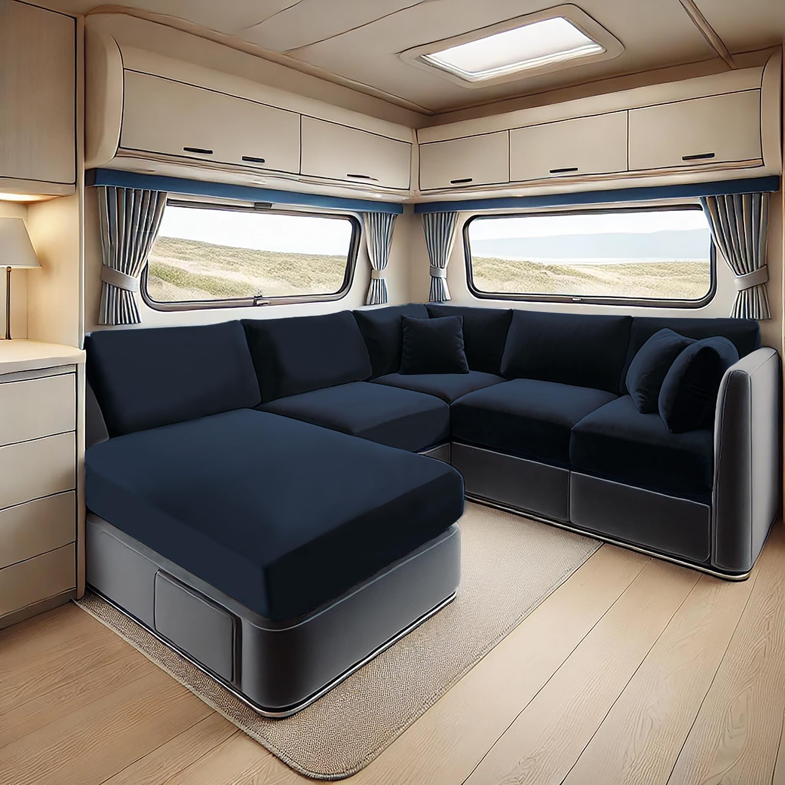 SYLC Samt Bezüge Für Wohnwagenpolster, rutschfeste Wohnmobil Sitzbezüge Mit 2 Cord, Sofa Sitzkissenbezug Für Schonbezug Wohnwagen Polster (Navy Blue,Rectangle 5XL) von SYLC